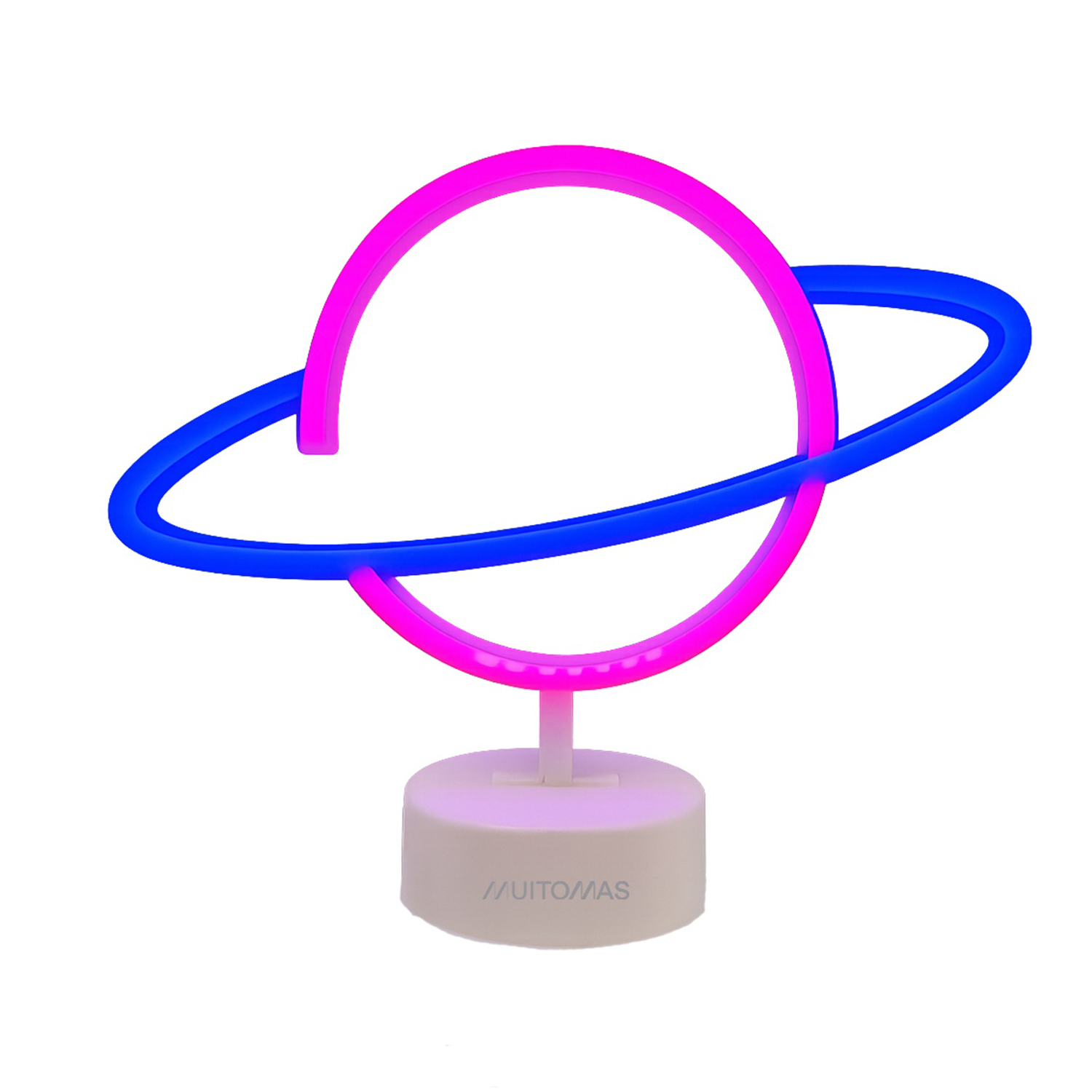 Una lampada a neon a forma di pianeta con un anello rosa e un anello blu, su una base bianca, isolata su sfondo bianco.