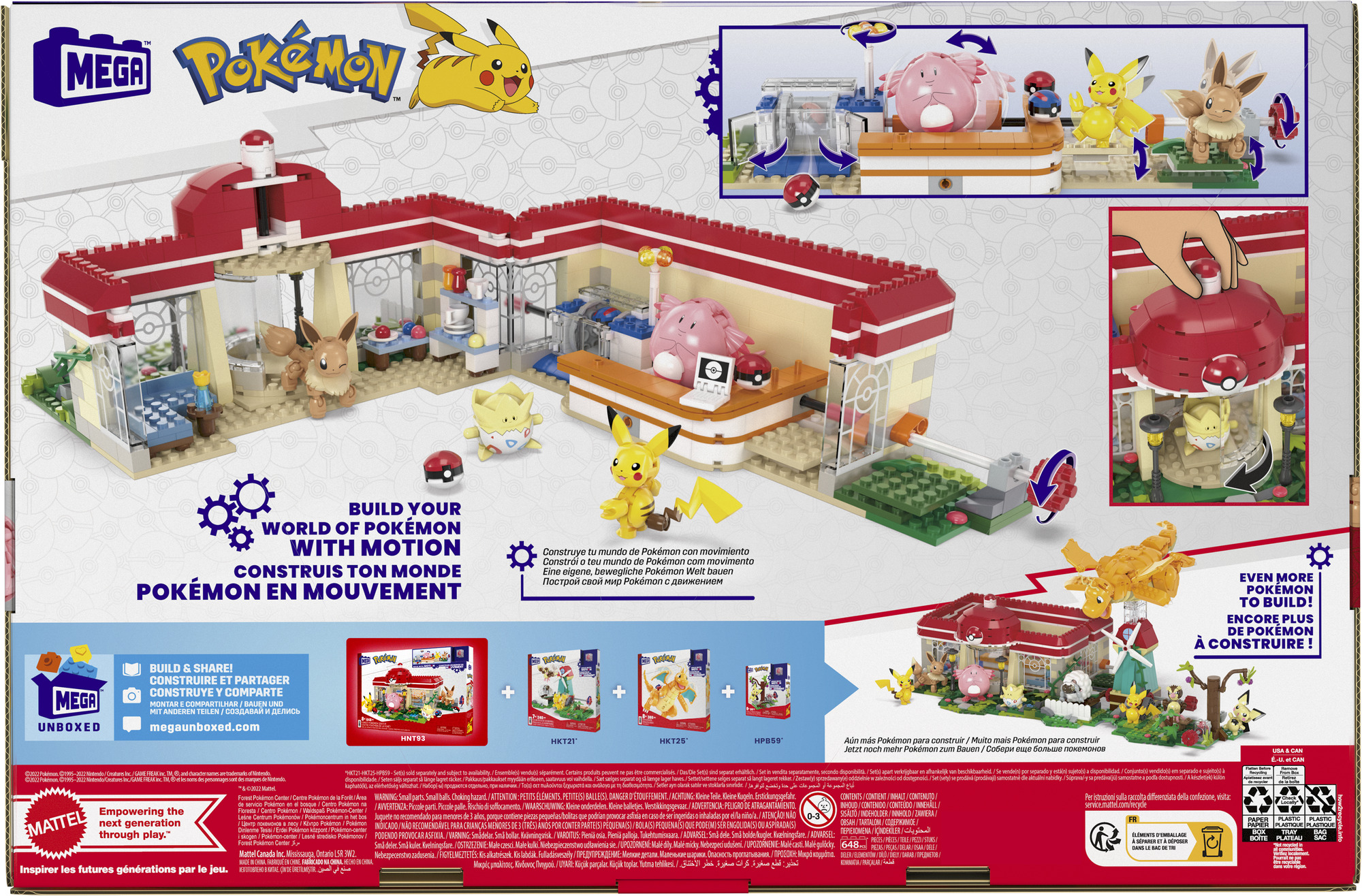 Eine Pokémon-Bausatzbox. Sie hat ein rotes Gebäude und verschiedene Pokémon-Figuren.
