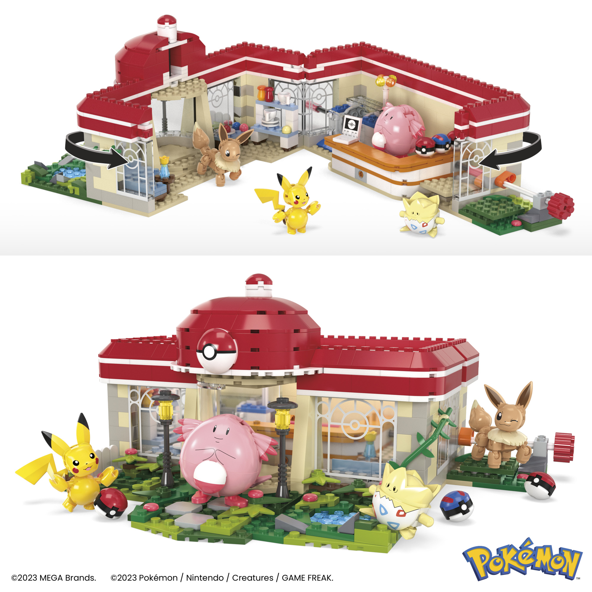 Ein Pokémon-Bausatz. Er zeigt ein Gebäude mit rotem Dach und Pokémon-Charakteren wie Pikachu, Evoli und Chaneira.