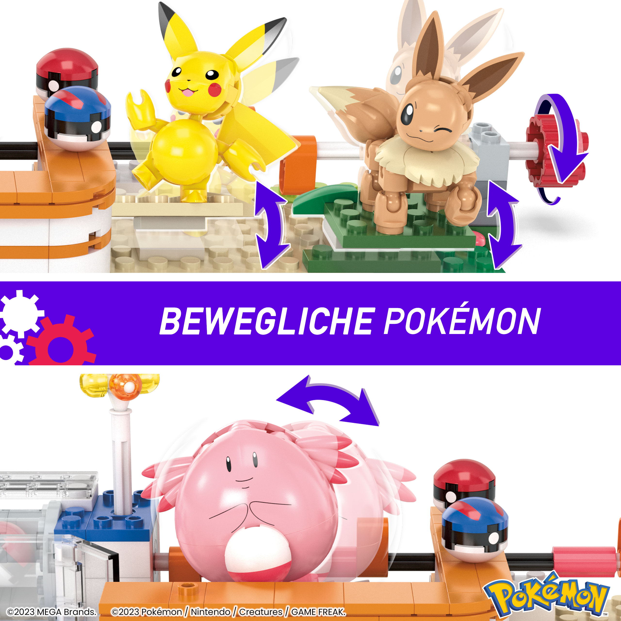 Das Bild zeigt Pokémon-Spielzeuge. Pikachu, Evoli und Chaneira sind abgebildet. Blaue Pfeile zeigen die Bewegung an. Die Worte BEWEGLICHE POKÉMON sind vorhanden.