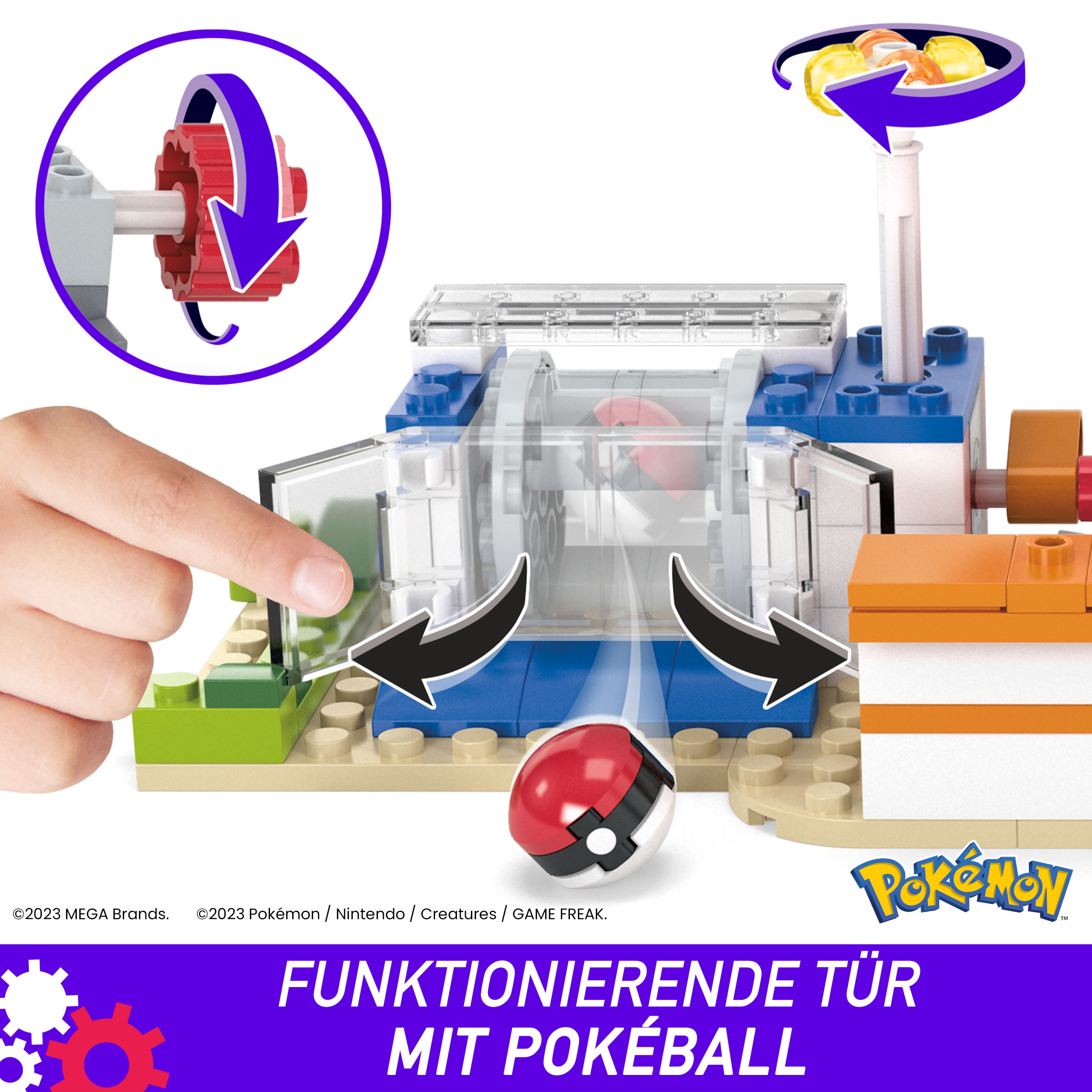 Ein Pokemon-Spielzeugset mit einem rot-weißen Pokeball und einem blau-orangen Gebäude. Pfeile zeigen die Aktion an.