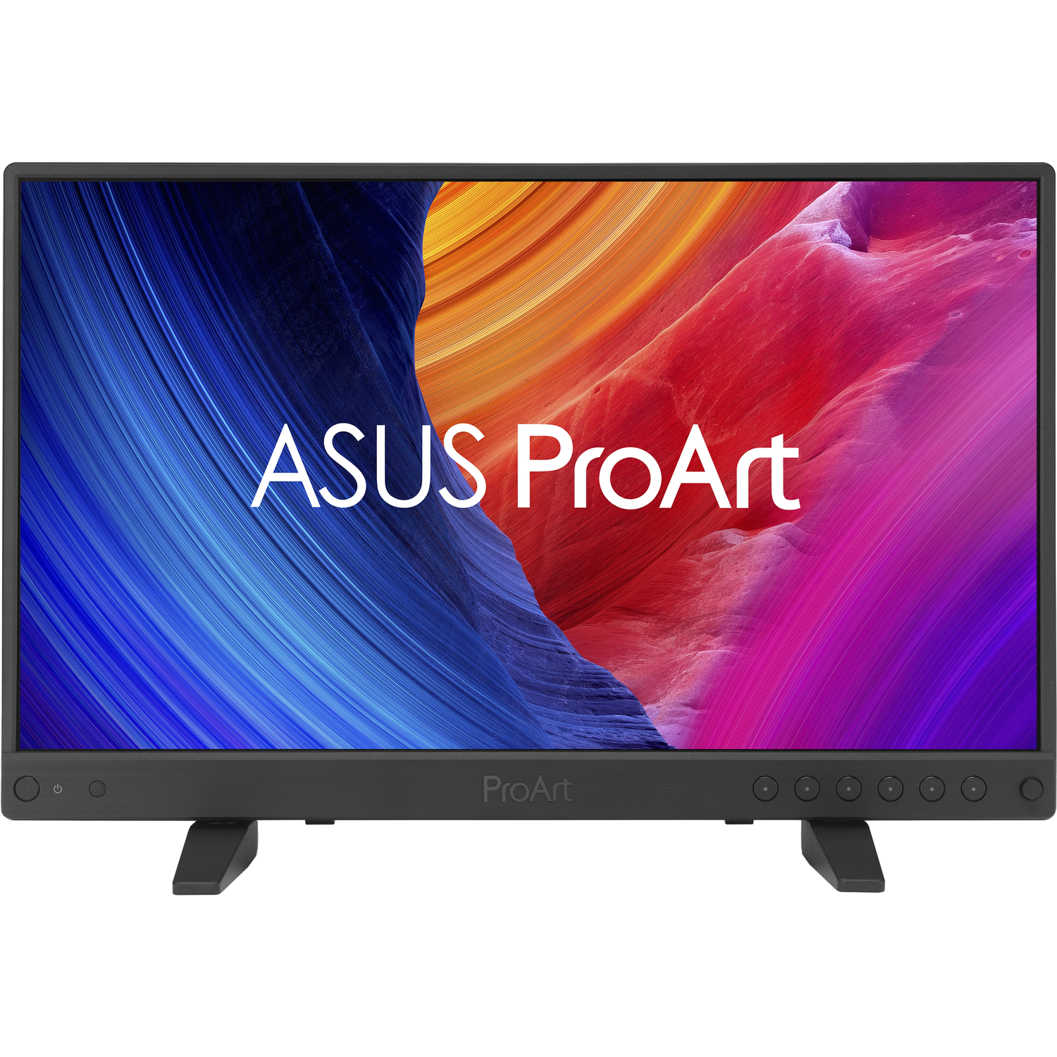 ASUS ProArt monitor met een kleurrijke abstracte achtergrond. Het heeft een zwart frame en standaard. Het scherm toont blauwe, rode en paarse tinten.