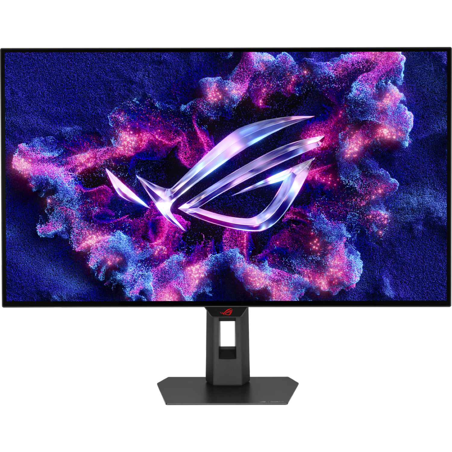 Een ASUS ROG-monitor toont een kleurrijke abstracte afbeelding van paarse en blauwe deeltjes. De monitor is zwart, met een zwarte standaard.