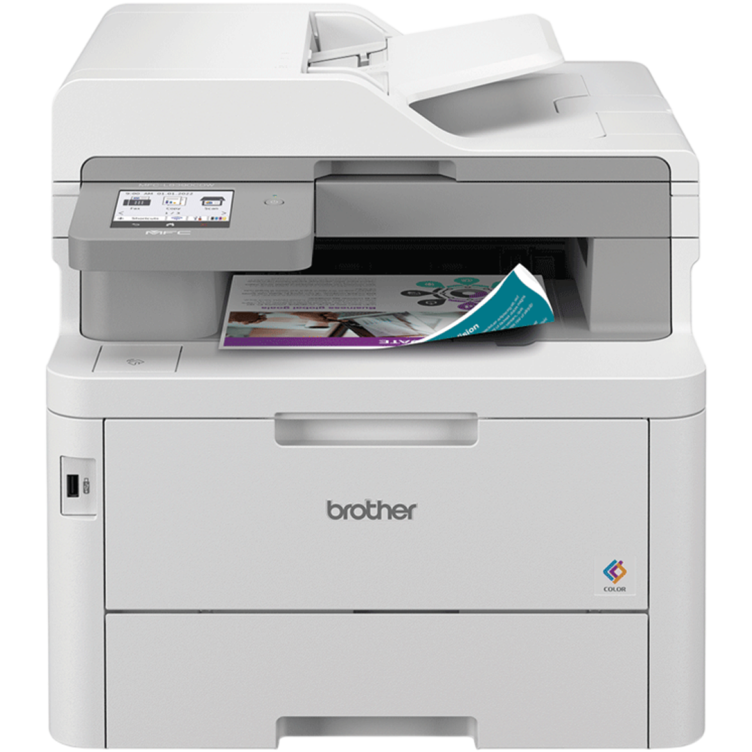 Een witte Brother multifunctionele printer. Een afgedrukte pagina is zichtbaar. Er zijn een scherm en knoppen aanwezig. De printer toont het kleurenlogo.