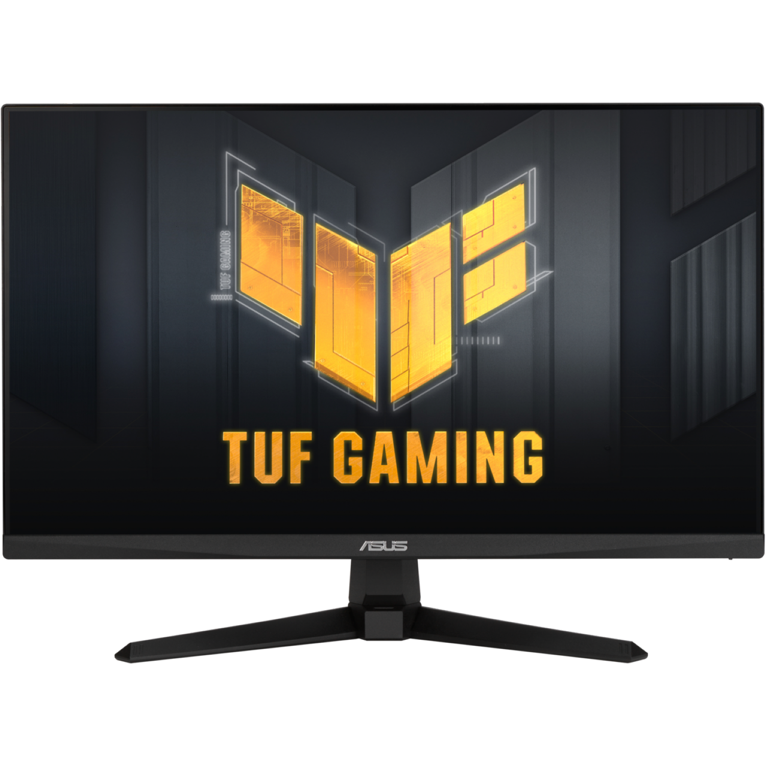 Een zwarte computermonitor toont het TUF GAMING logo. Het scherm heeft gouden en zwarte graphics. De monitor staat op een zwarte standaard.