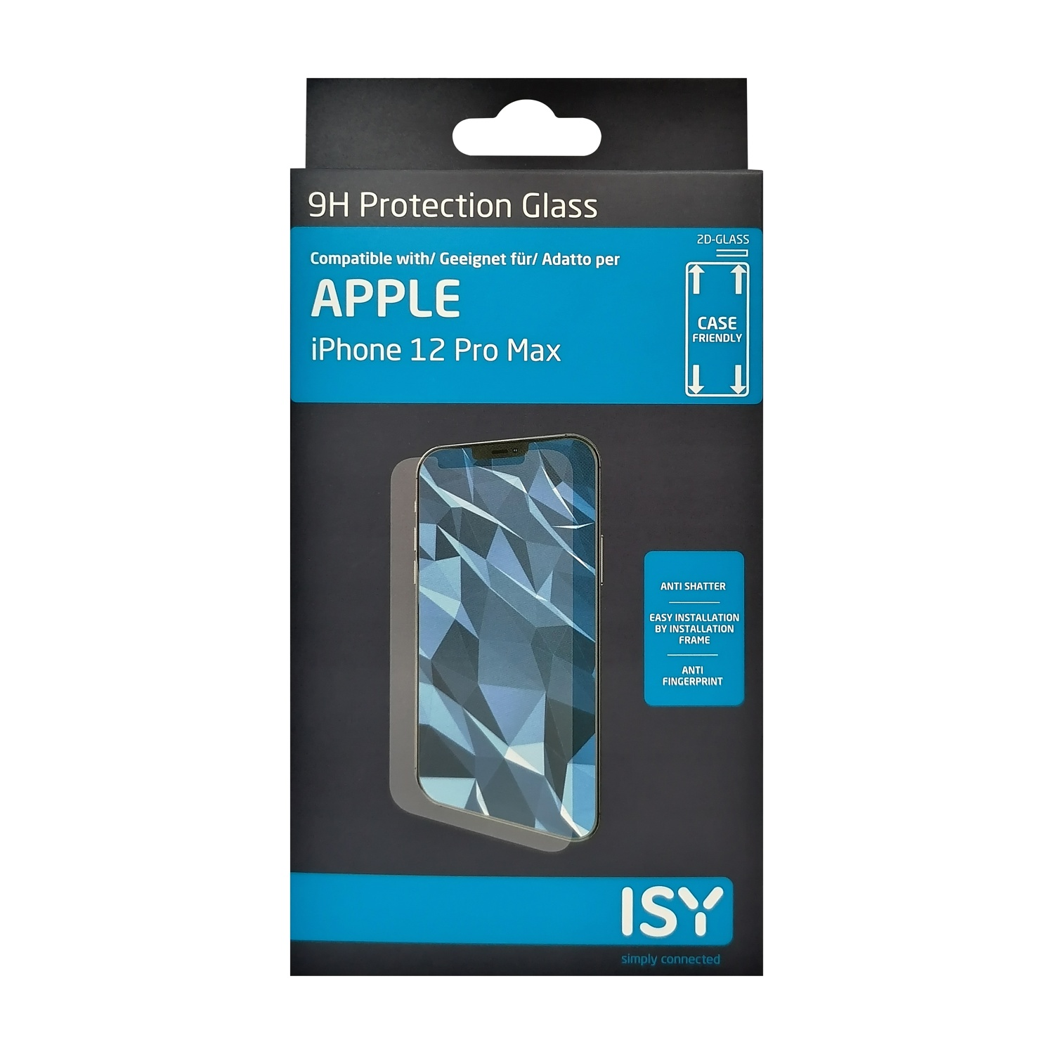 Una scatola di protezione per schermo del telefono per iPhone 12 Pro Max. Caratteristiche: protezione 9H, anti-rottura, facile installazione, anti-impronte.
