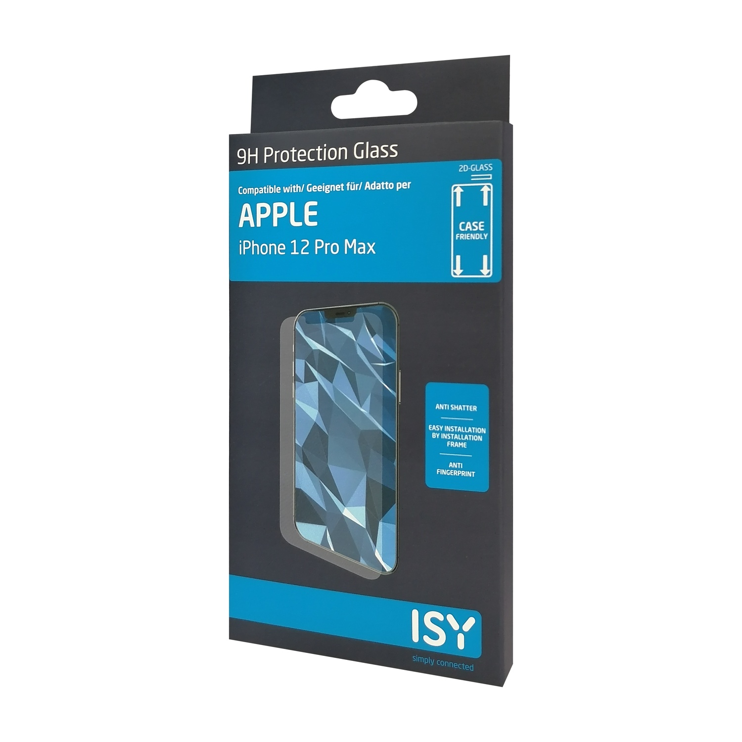 Una scatola di vetro protettivo ISY 9H per iPhone 12 Pro Max. La scatola è nera con dettagli blu e mostra lo schermo del telefono.
