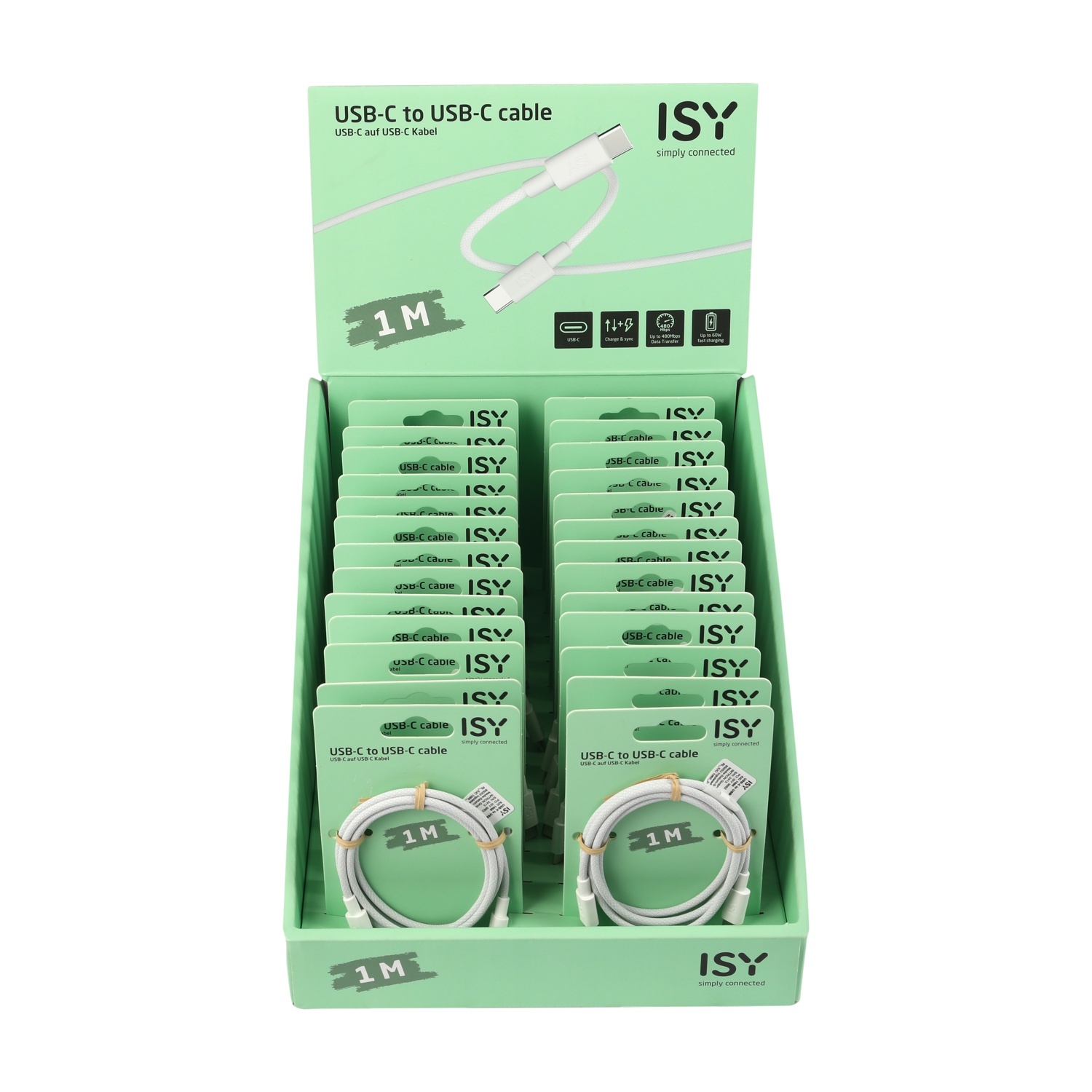 Esposizione di cavi USB-C in un espositore. Cavi bianchi, confezione verde e marchio 'ISY' visibili.