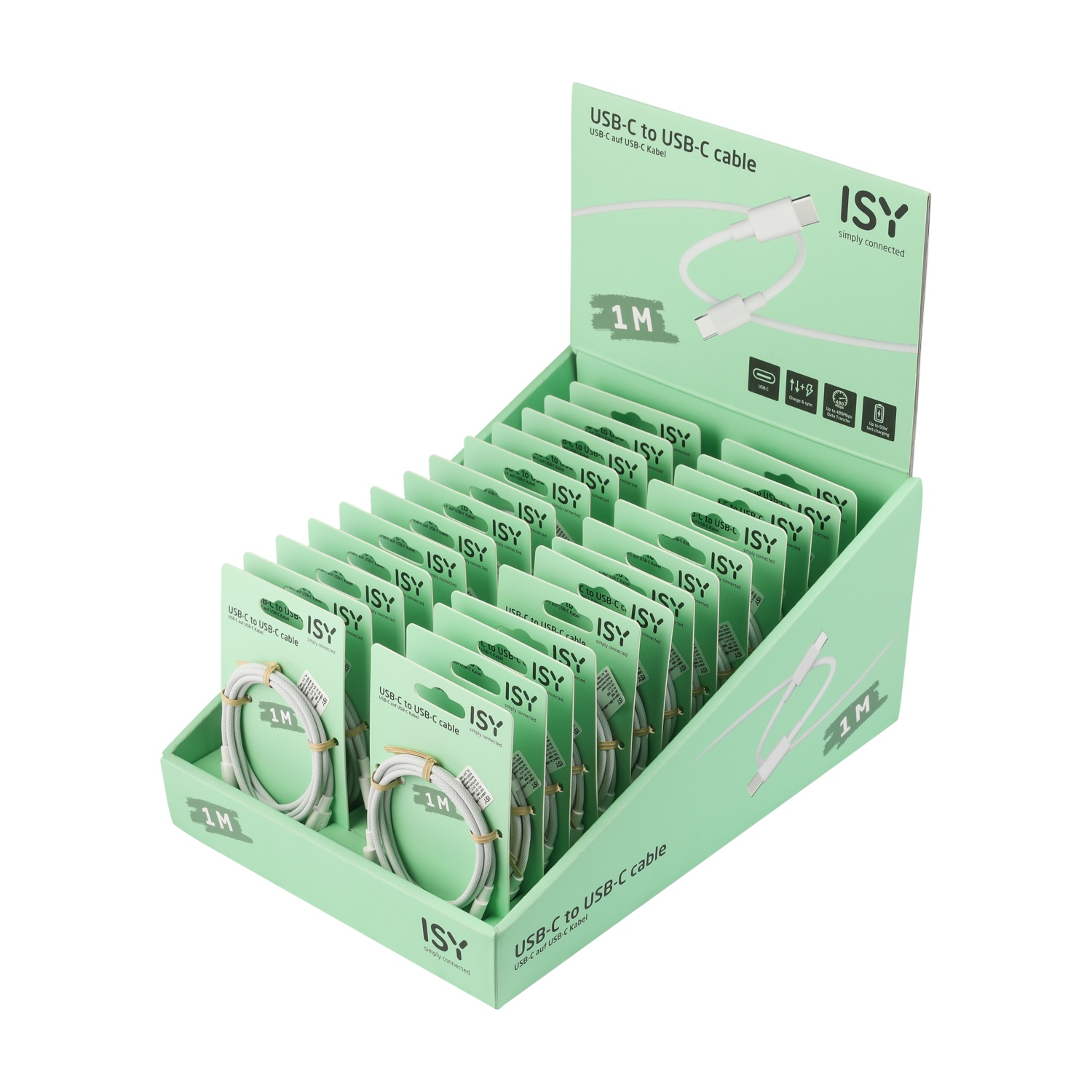 Esposizione di cavi USB-C a USB-C in un negozio. I cavi sono bianchi, confezionati in scatole verdi con il logo ISY e l'etichetta 1M.