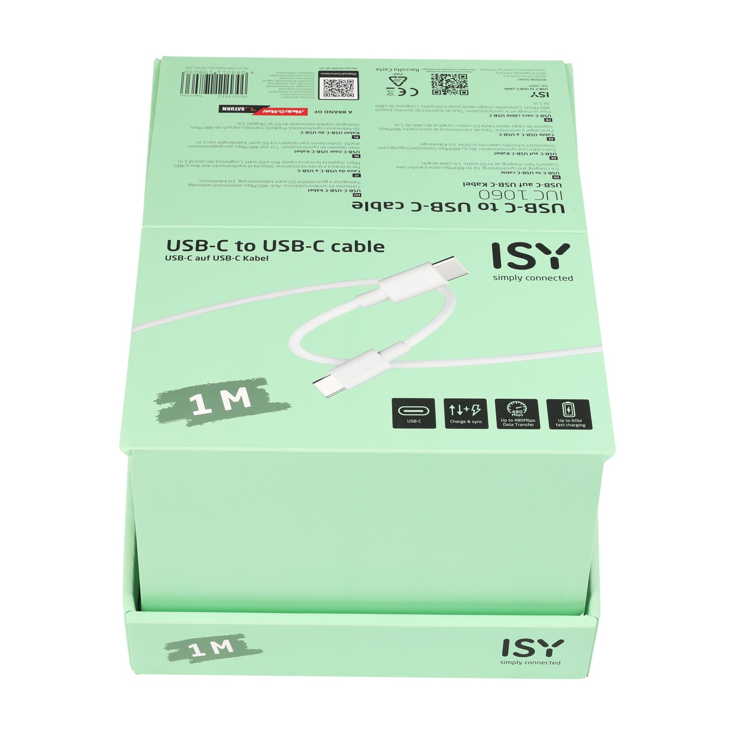 Un cavo bianco da USB-C a USB-C in una scatola verde. Il testo sulla scatola recita 'Cavo USB-C a USB-C'.