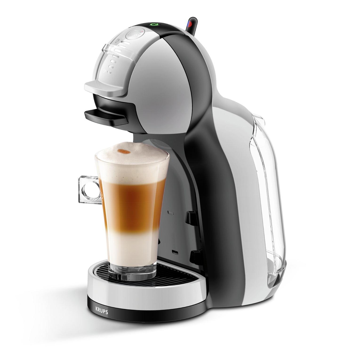 A coffee machine with a glass of latte. The machine is grey and black. The latte has layered colors of white, beige, and brown.
