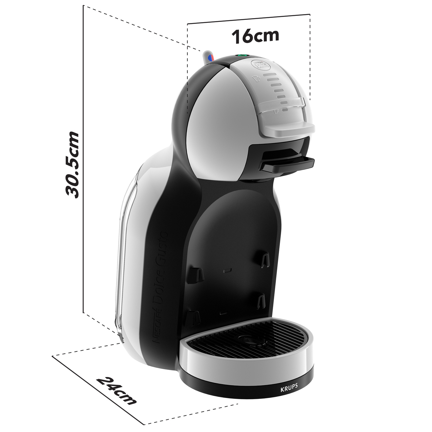 A black, white, and silver Dolce Gusto coffee machine with dimensions labeled. It has a round drip tray and the Krups logo.