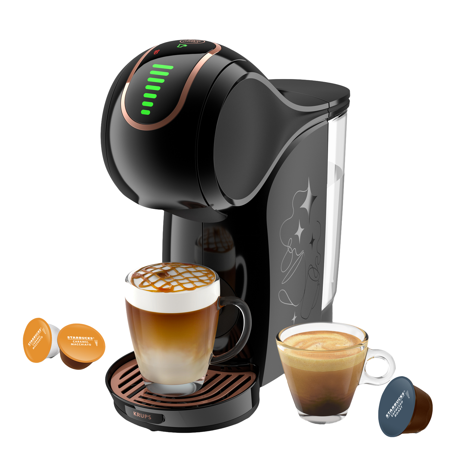 Zwarte koffiemachine met een kopje caramel macchiato en espresso. Koffiecapsules in de buurt. De machine heeft een watertank.