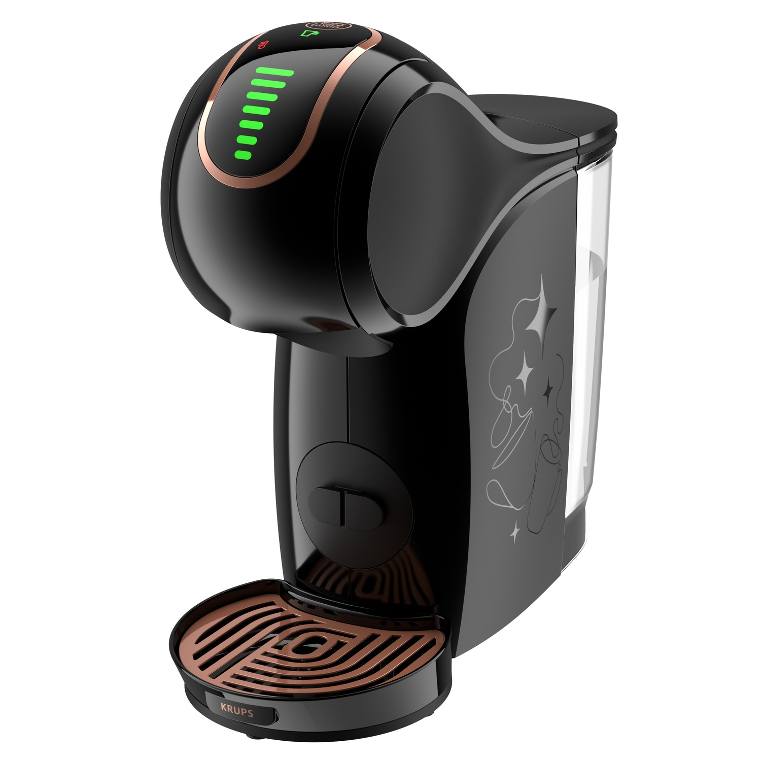 Een zwarte en koperkleurige koffiemachine. Het heeft een waterreservoir en een bekerhouder. Het heeft ook groene lampjes.