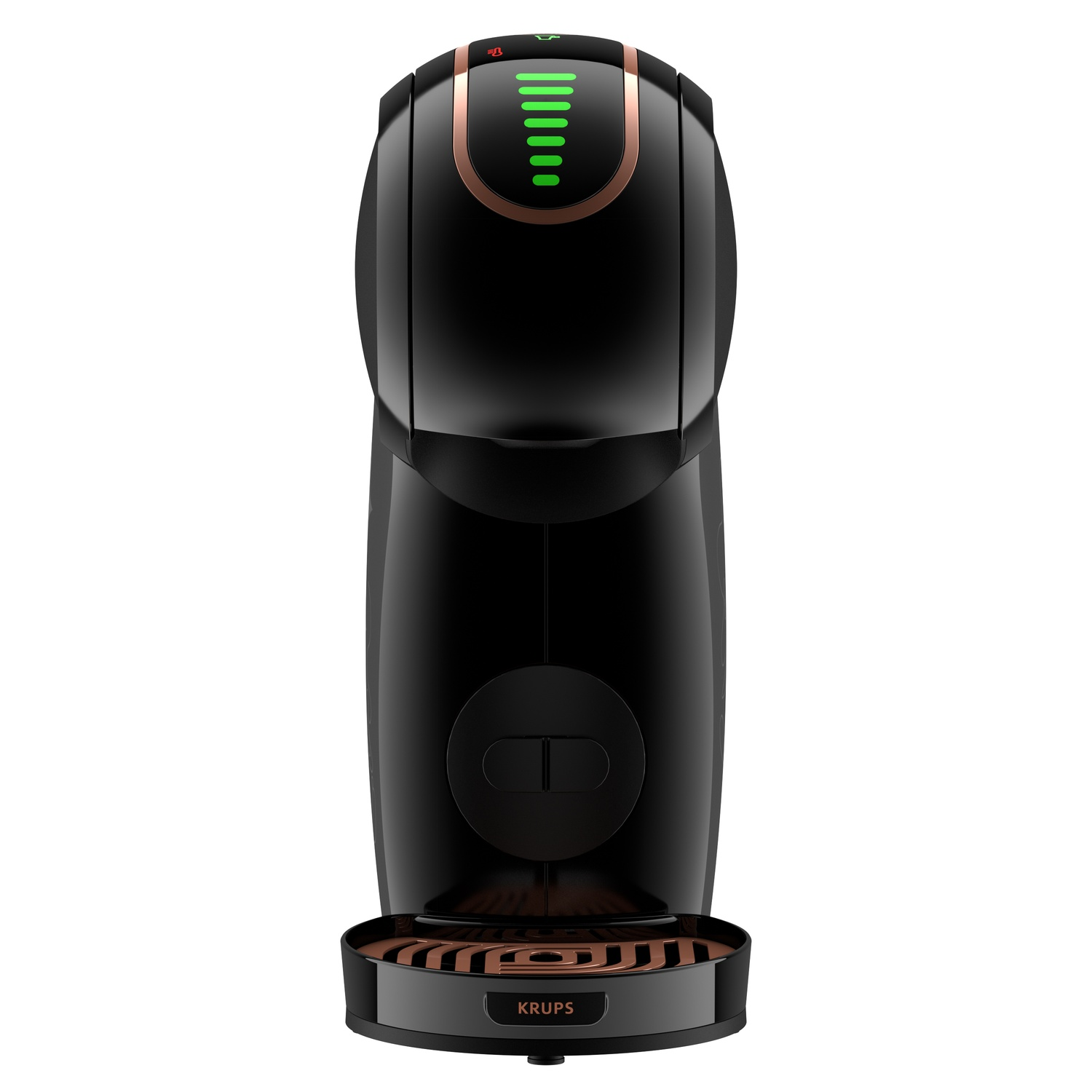 Zwarte Krups koffiemachine met koperkleurige accenten en groene indicatielampjes. De basis zegt Krups.