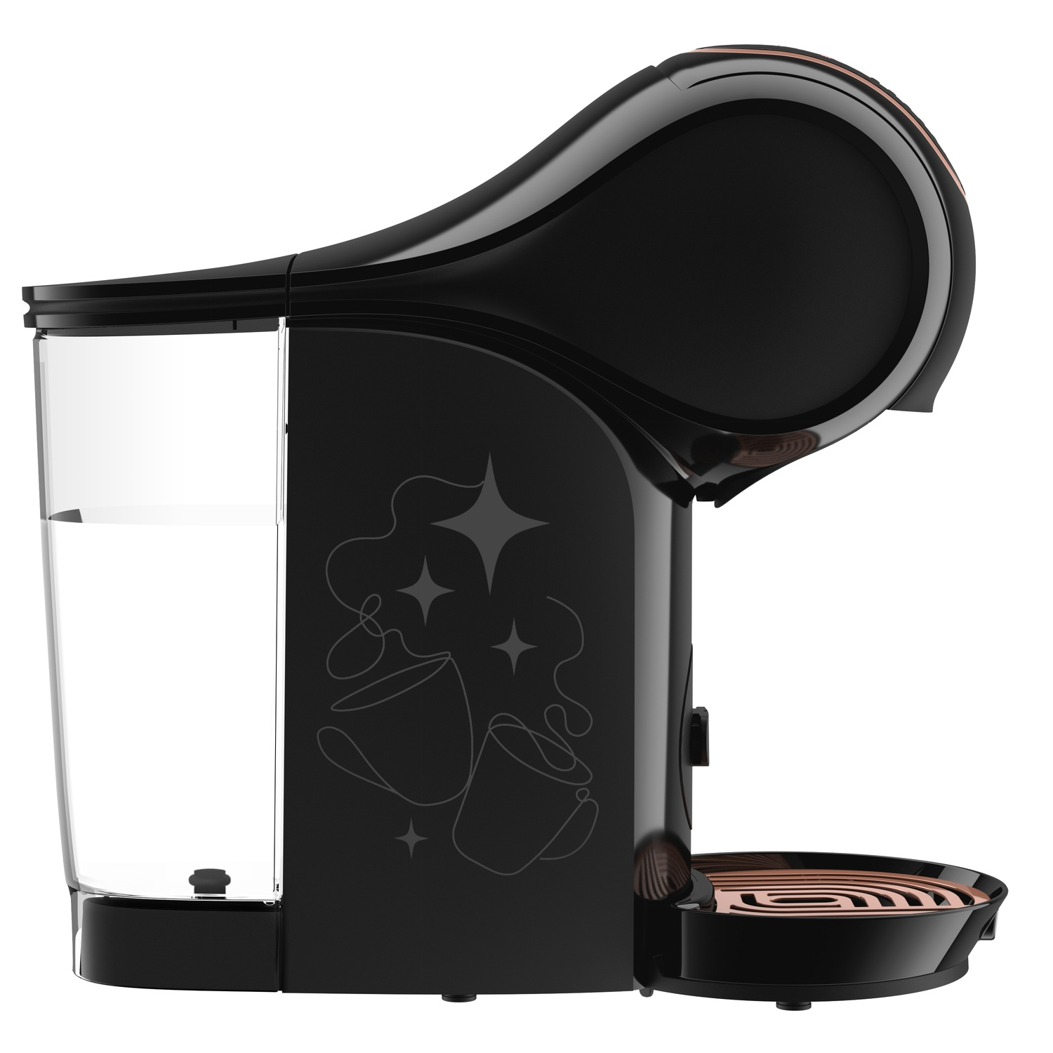 Zwarte espressomachine met koperkleurige accenten en een watertank. De machine heeft bekermotieven en een lekbakje. Geïsoleerd op wit.