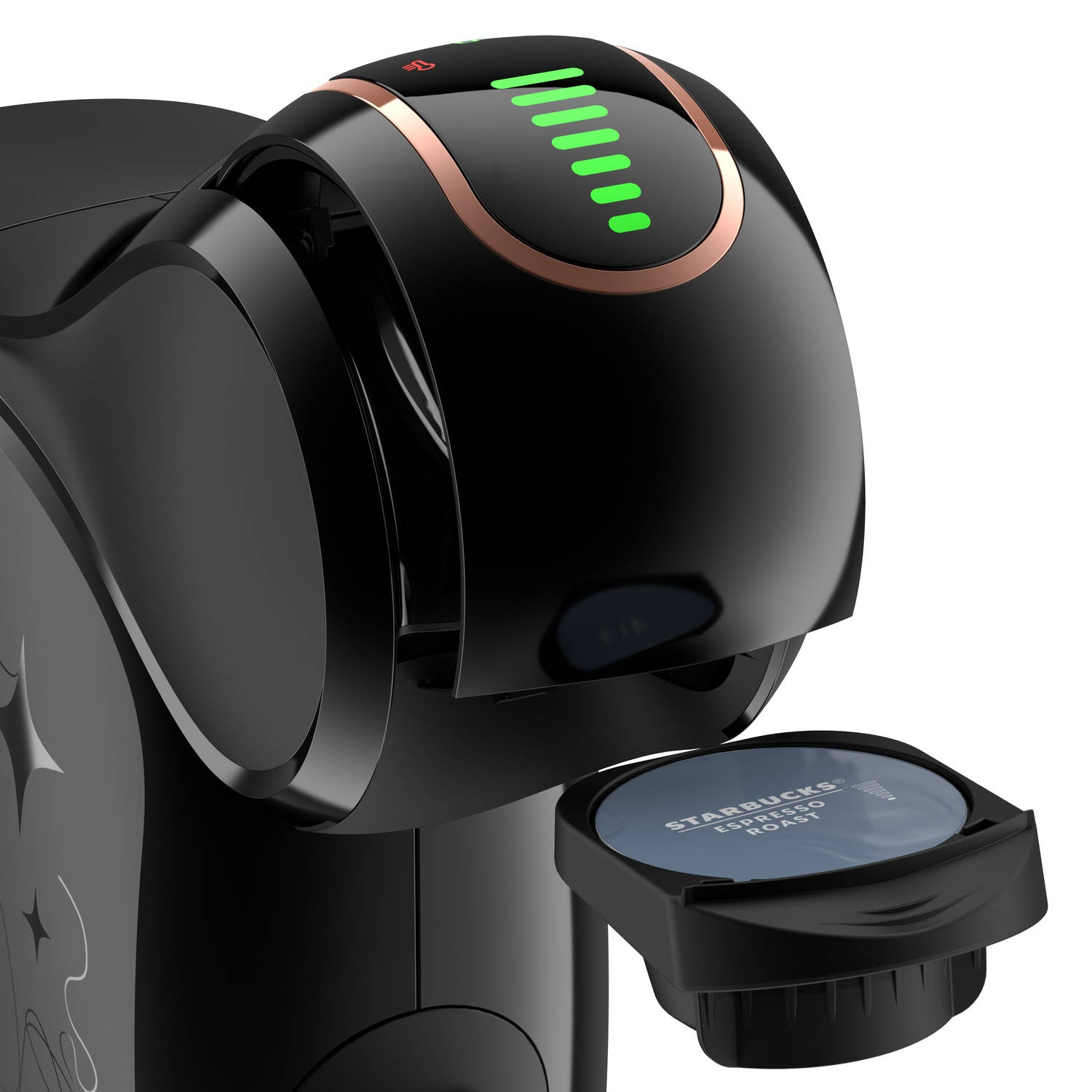 Zwarte koffiemachine met koperkleurige accenten. Een Starbucks-pad zit in de houder. Groene lampjes bovenop.