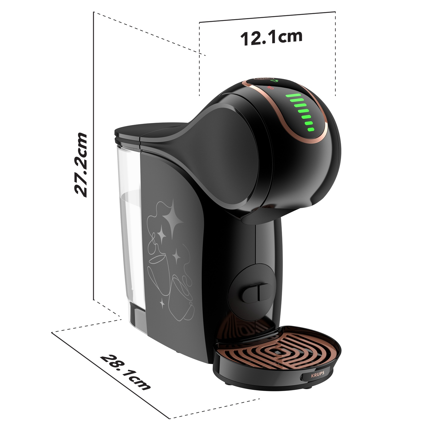 Zwarte Krups koffiemachine met afmetingen. Het heeft een transparante watertank en een bronzen lekbak.