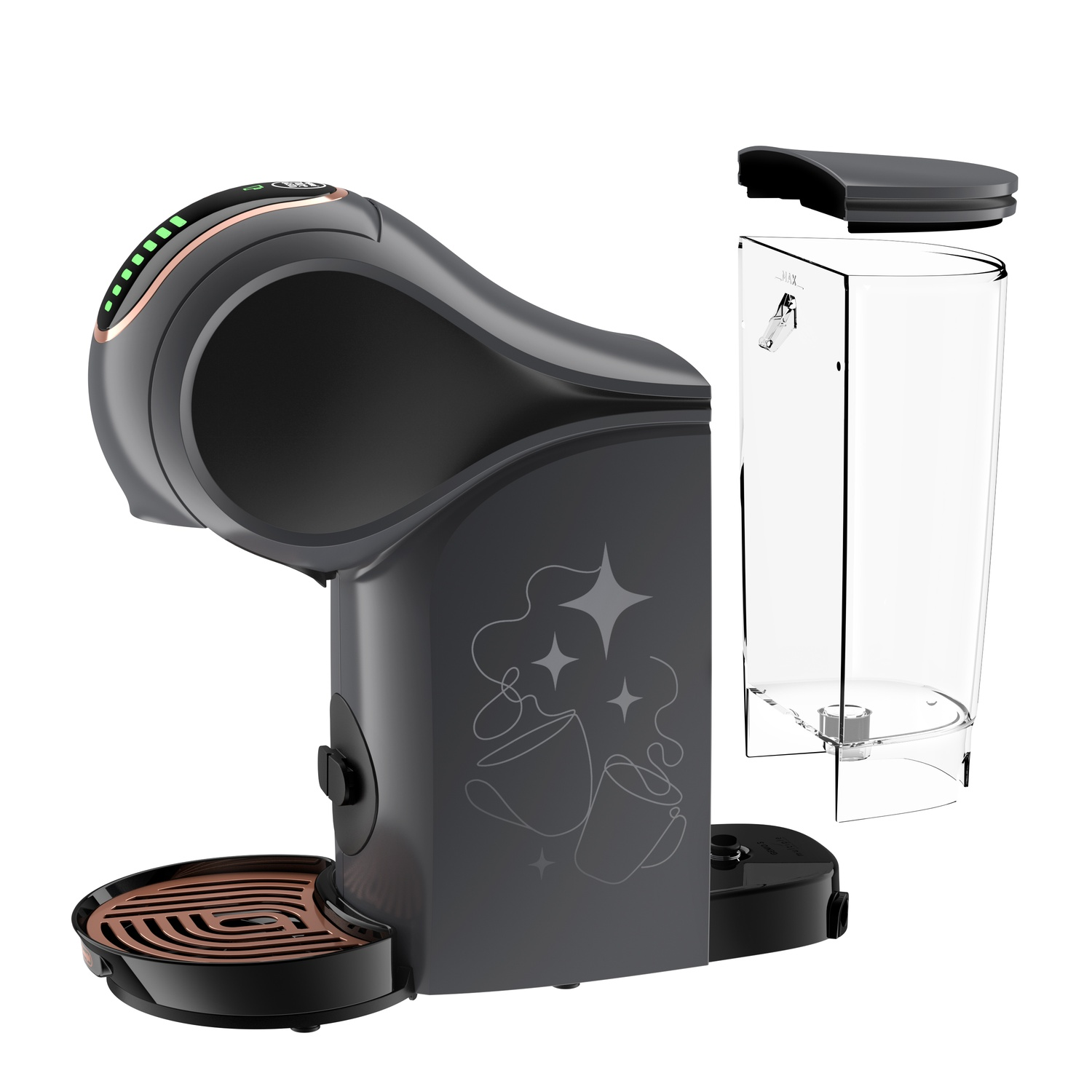 Een donkergrijze koffiemachine met een losstaand waterreservoir en deksel. De machine heeft een koperkleurige accent en een ontwerp met koffiekopjes.