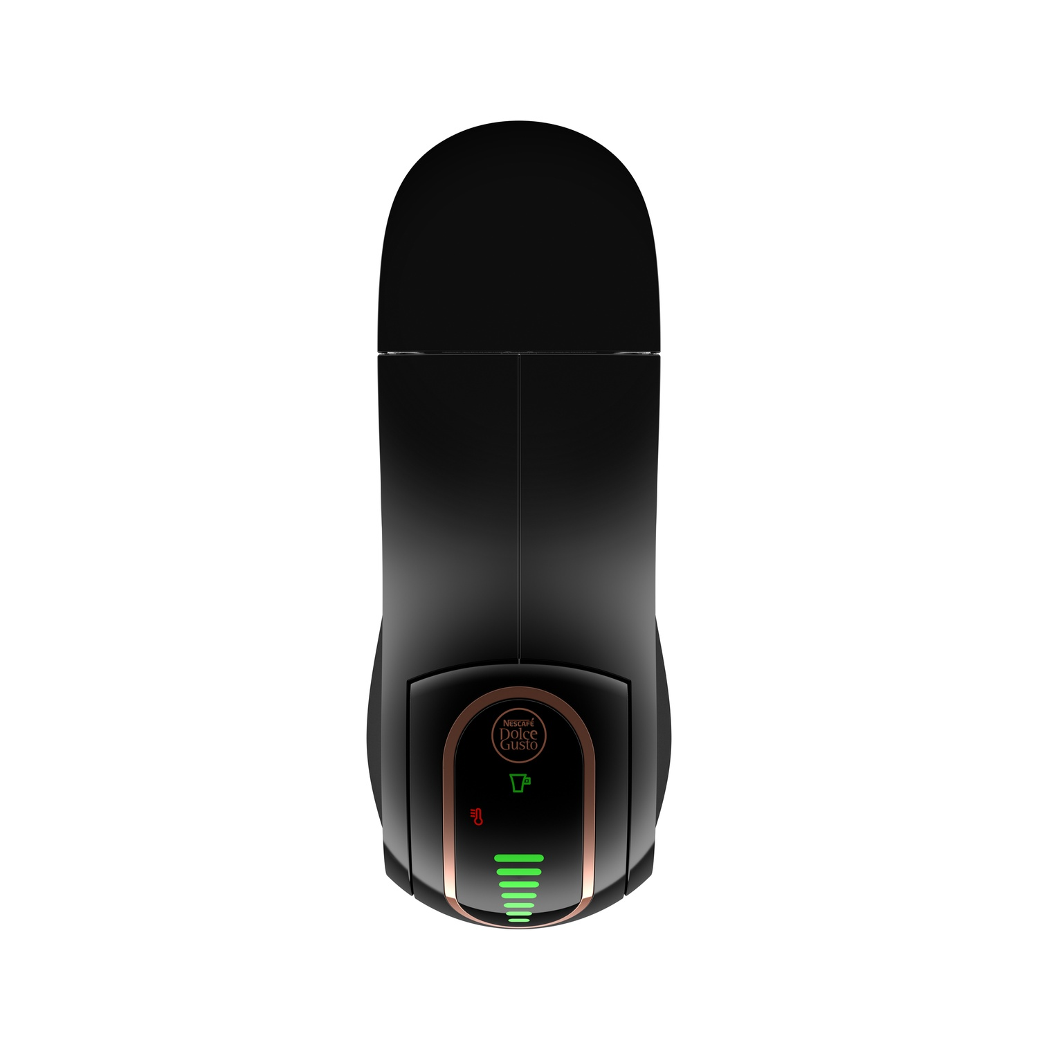 Bovenaanzicht van een zwarte Dolce Gusto koffiemachine. Het heeft een bronzen voorpaneel. Groene lampjes geven de status aan.