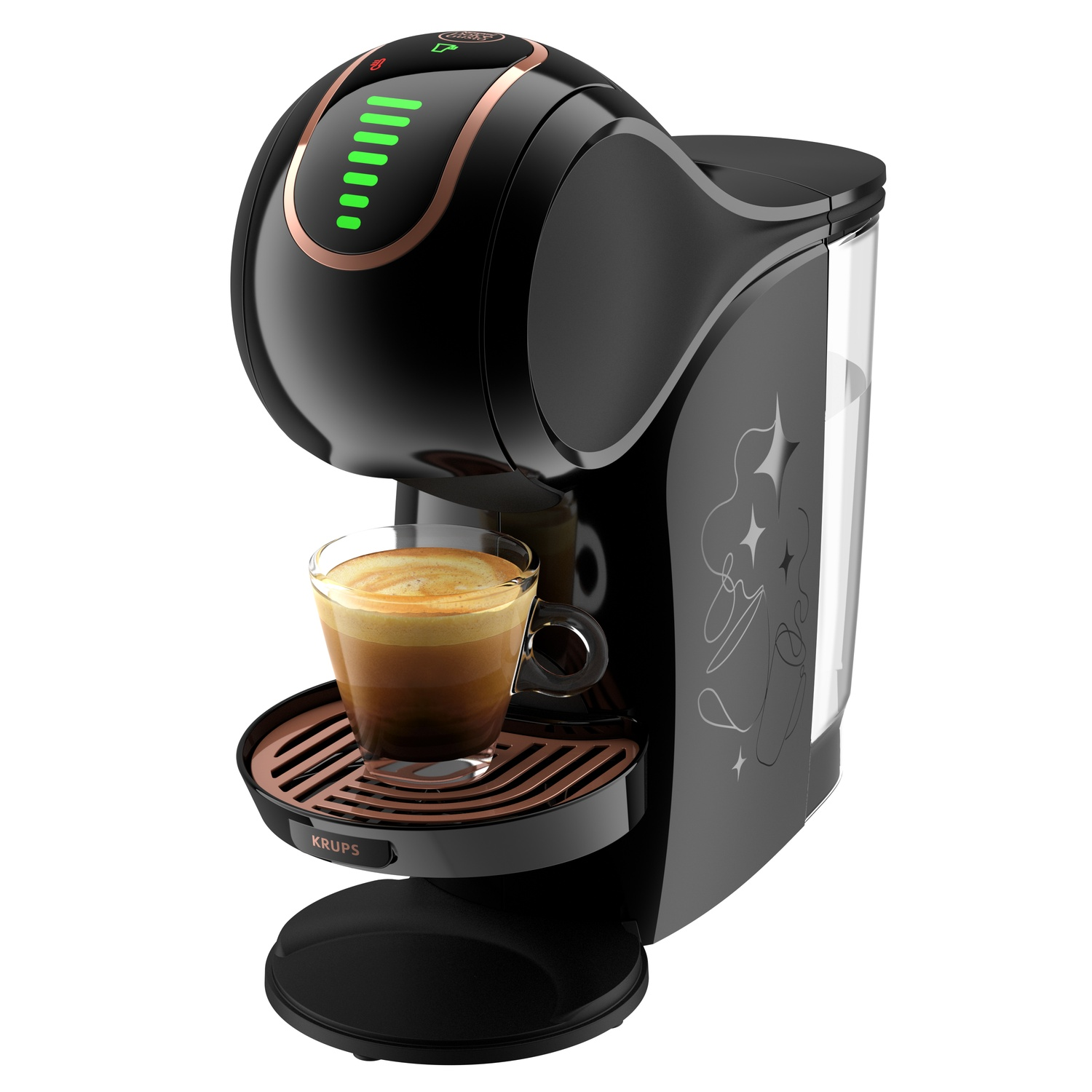 Een zwarte en bronzen Krups koffiemachine met een glas koffie. De machine heeft een watertank en een bekerhouder. Groene lampjes branden.