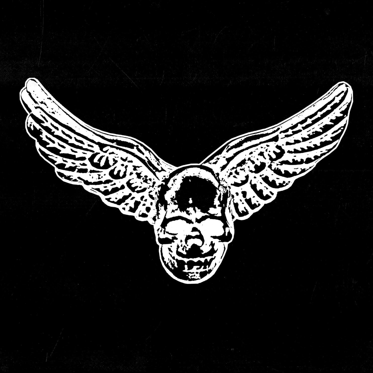Ein weißer Totenkopf mit Flügeln auf schwarzem Hintergrund. Der Totenkopf ist mittig mit ausgebreiteten Flügeln.
