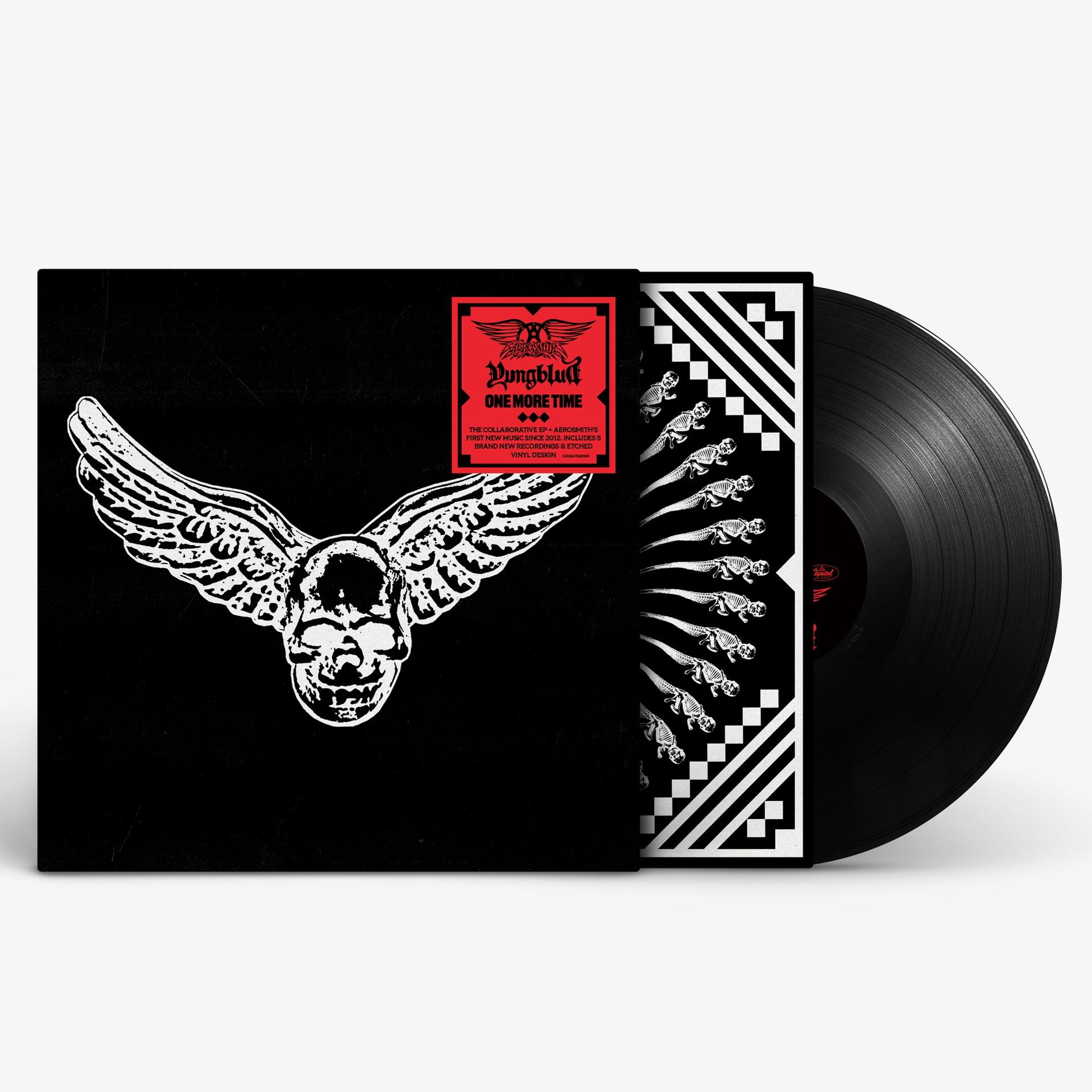 Schwarzes Vinyl-Albumcover mit einem geflügelten Totenkopf und dem Titel One More Time.