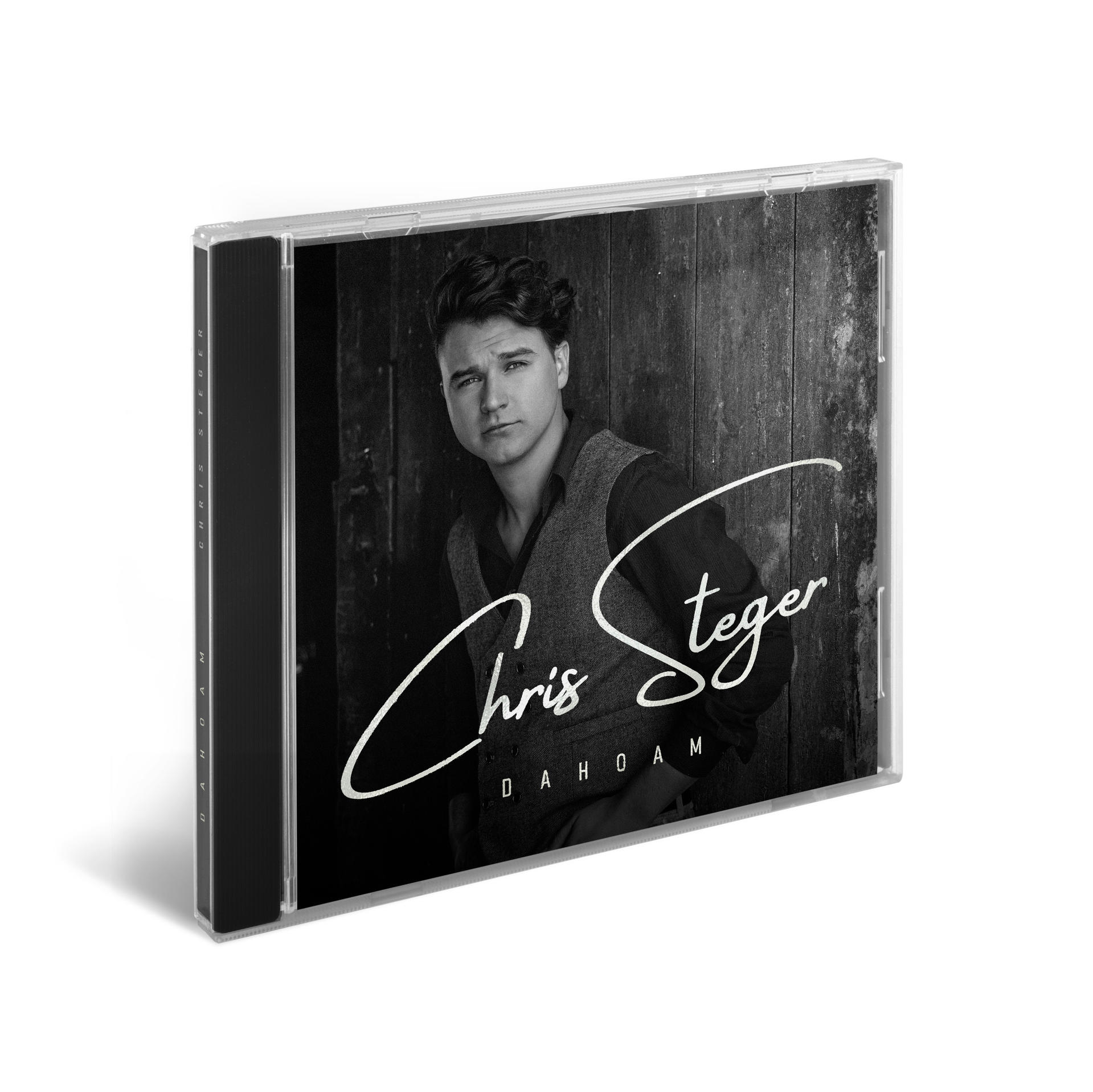 CD-Hülle mit Schwarz-Weiß-Bild eines Mannes in Weste, Text 'Chris Steger' und Holz-Hintergrund.