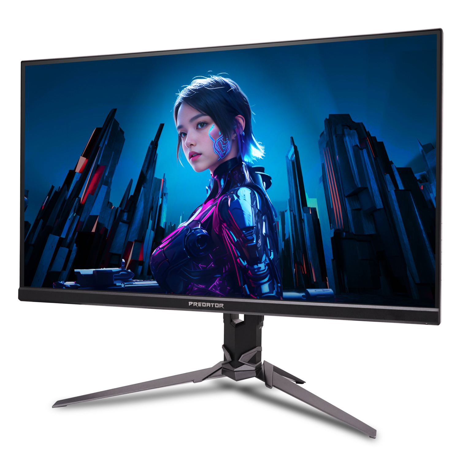 A computer monitor displays a futuristic woman with city backdrop. The monitor is on a stand. The Predator logo is visible.