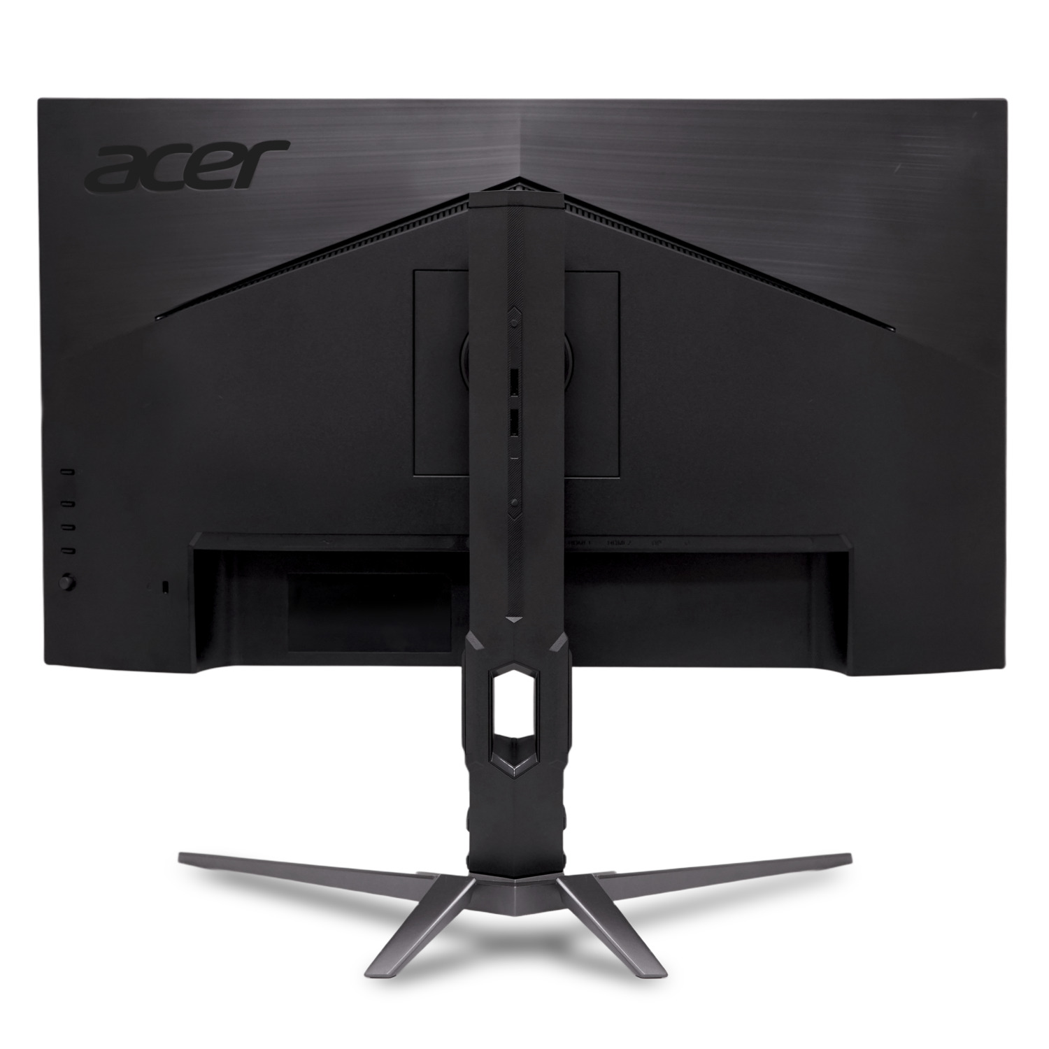 Back of a black Acer monitor. It has a stand and ports. The acer logo is visible.