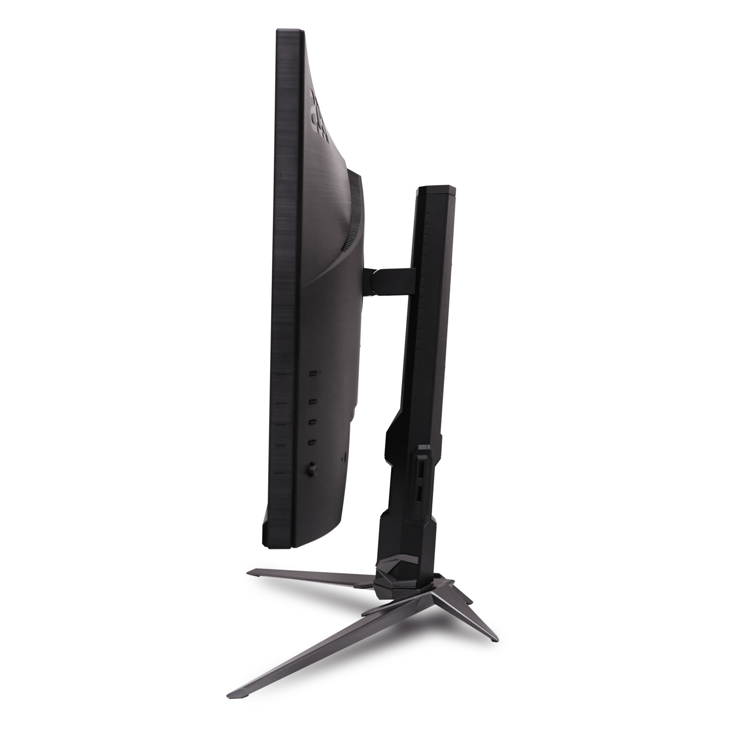 Side view of a black computer monitor. It has a curved screen, a stand, and is set against a white background.