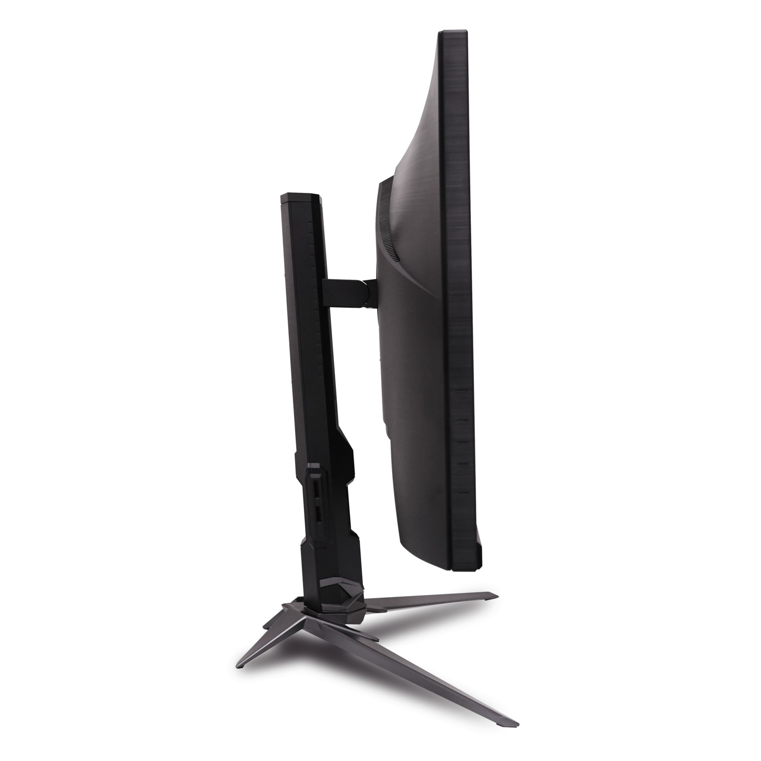 A curved black computer monitor is seen from the side. It's on a stand with a triangular base, against a white background.