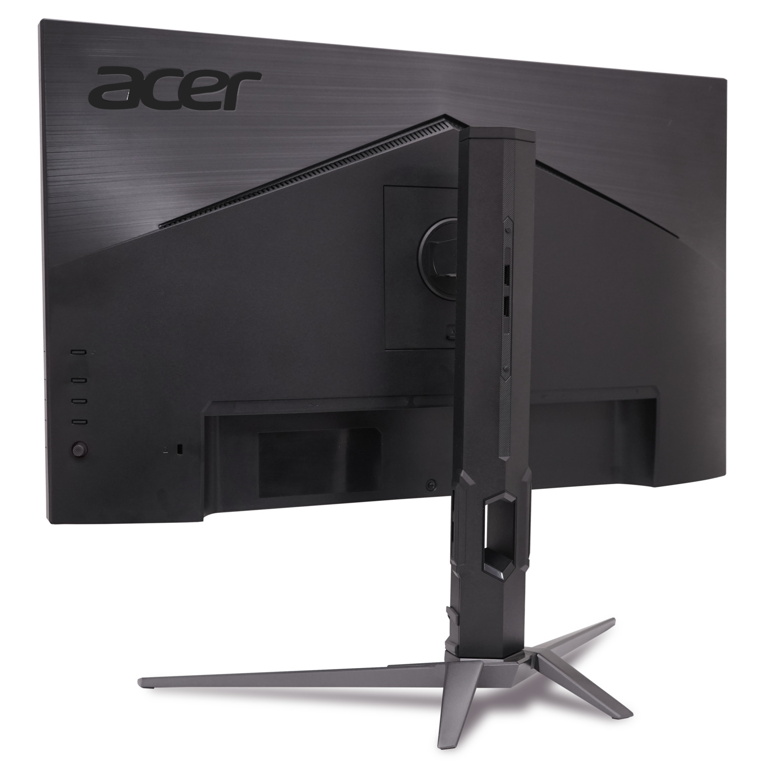 Rear view of a black Acer monitor. The stand is gray. The Acer logo is visible. The monitor is on a white background.