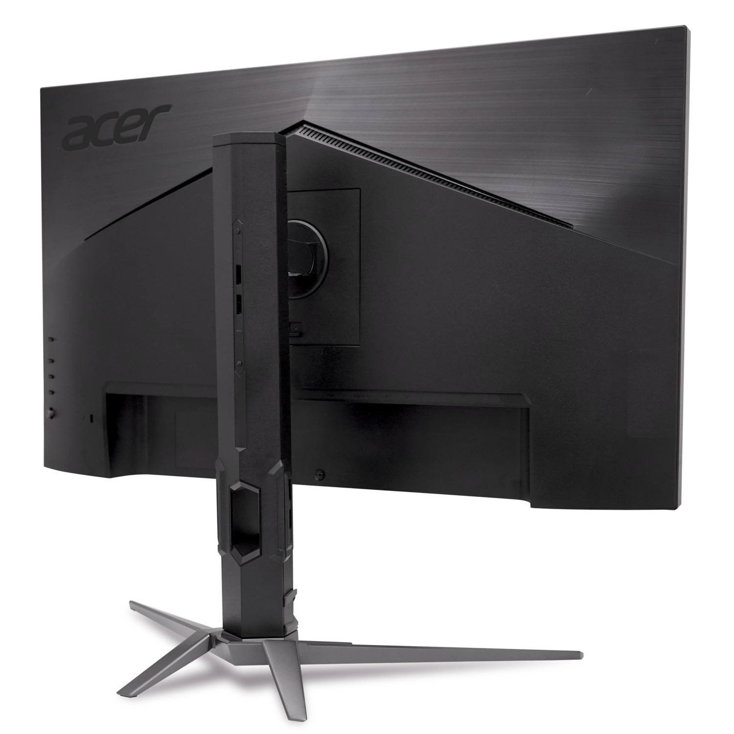 Rear view of a black Acer monitor on a white background. The monitor has a stand with a star-shaped base.