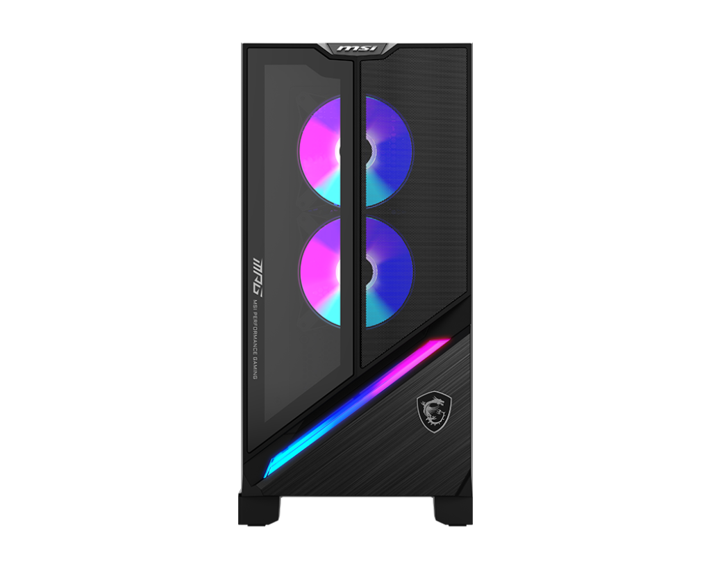 Black MSI computer case with two glowing fans. The case has colorful LED lights and the MSI logo.