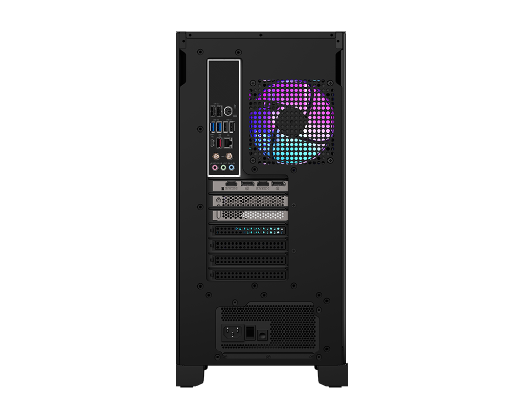 Rear view of a black computer case with a colorful fan and various ports. The background is solid black.