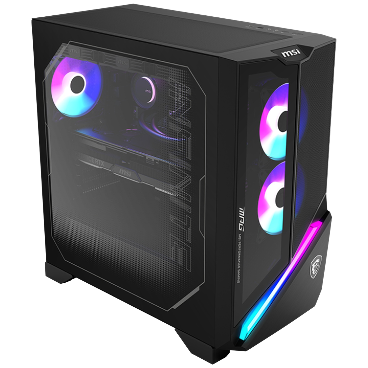 Zwarte gaming PC behuizing met verlichte ventilatoren en RGB-strips.