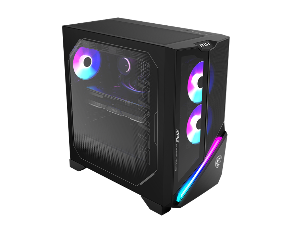 A black MSI gaming PC case with RGB fans and lighting. The case has a glass side panel, showcasing internal components.