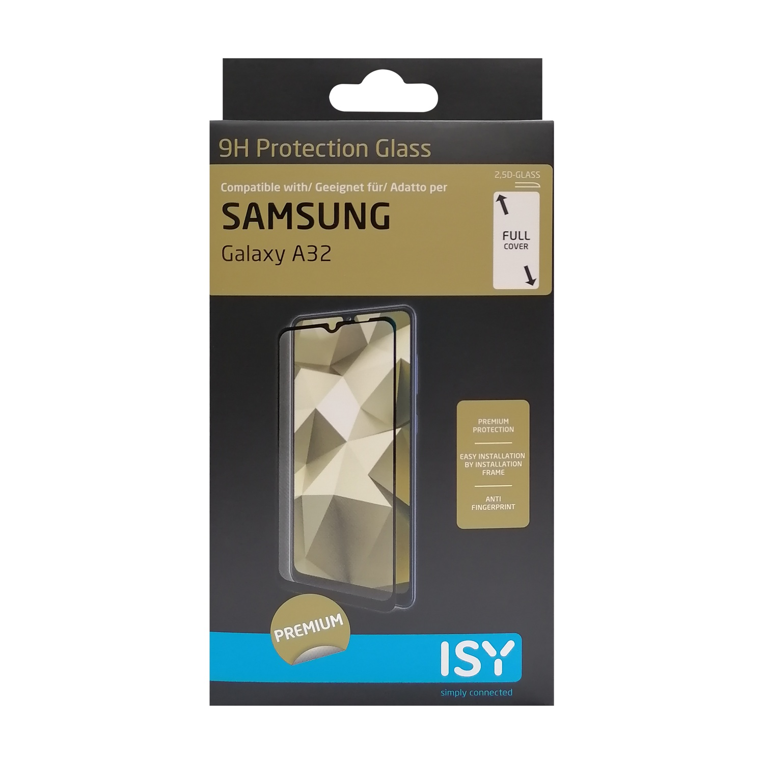Una scatola di protezione per schermo. Dice '9H Protection Glass' e 'SAMSUNG Galaxy A32'. Ci sono anche i loghi 'PREMIUM' e 'ISY'.