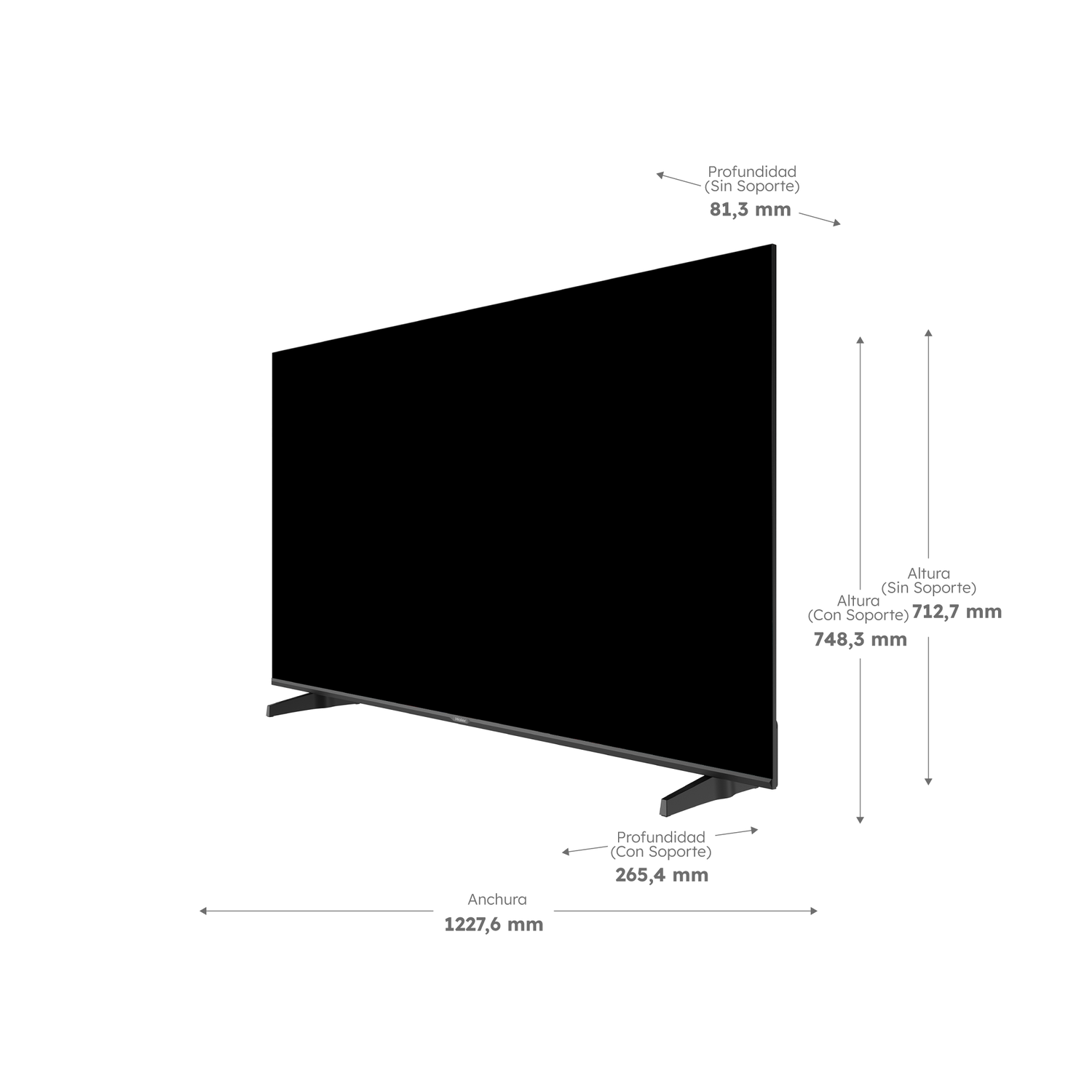 Un televisor negro con dimensiones etiquetadas. Tiene un soporte. Las dimensiones incluyen altura, ancho y profundidad con y sin el soporte.