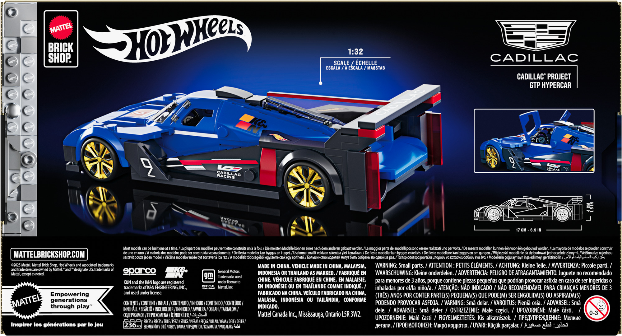 Blau-schwarzes Hot Wheels Cadillac-Rennwagenmodell. Das Auto hat goldene Räder und die Nummer 9.