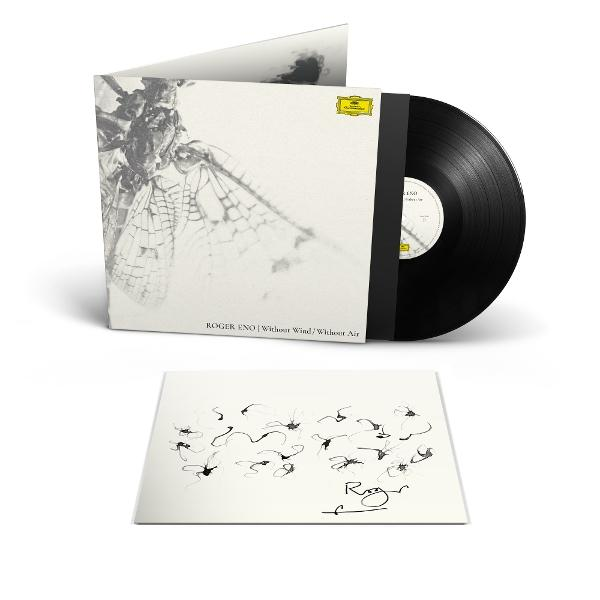 Ein Albumcover mit einer schwarzen Schallplatte. Das Cover zeigt ein Insekt in Graustufen und den Text 'ROGER ENO | Without Wind/Without Air'.