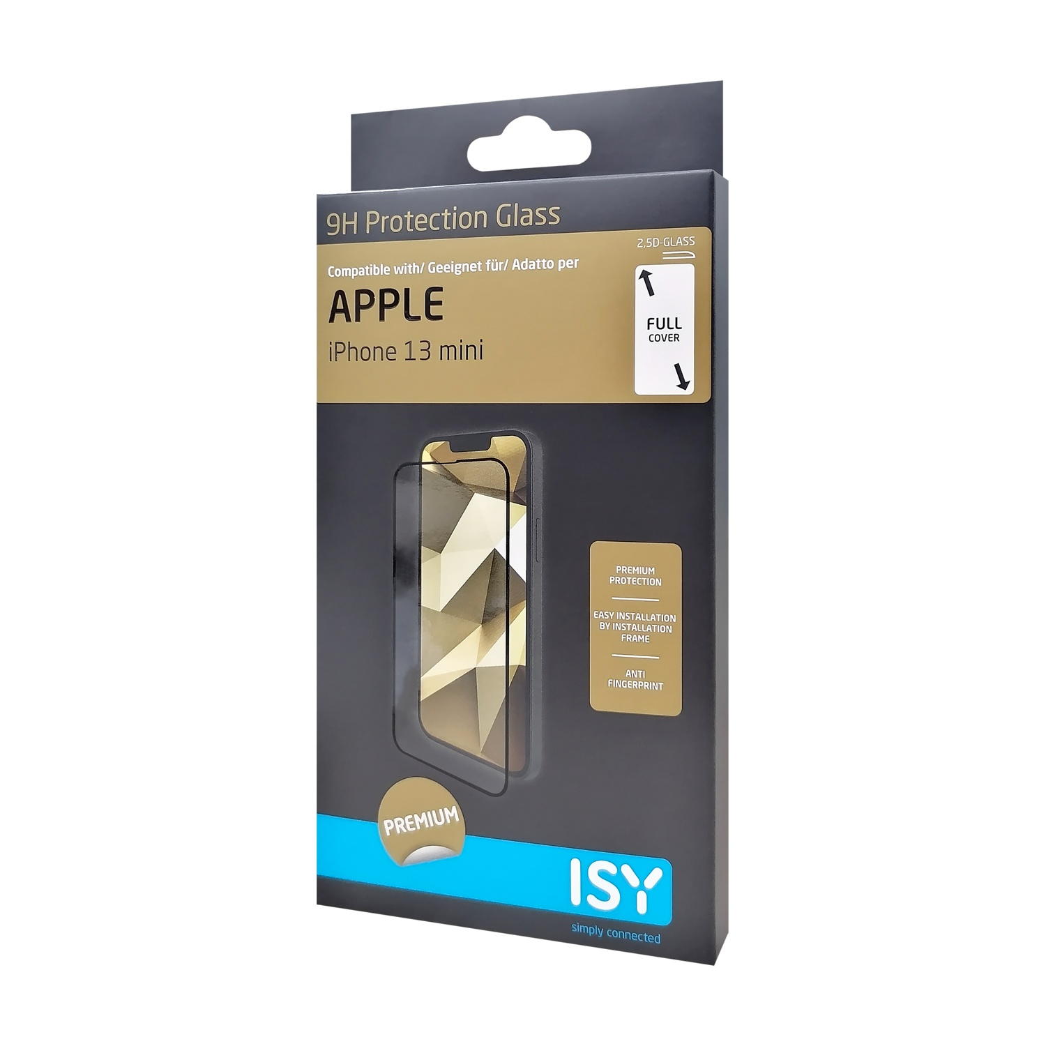 Confezione per protezione schermo iPhone 13 mini. Scatola nera con dettagli del prodotto e immagine dello schermo. Marchio ISY.
