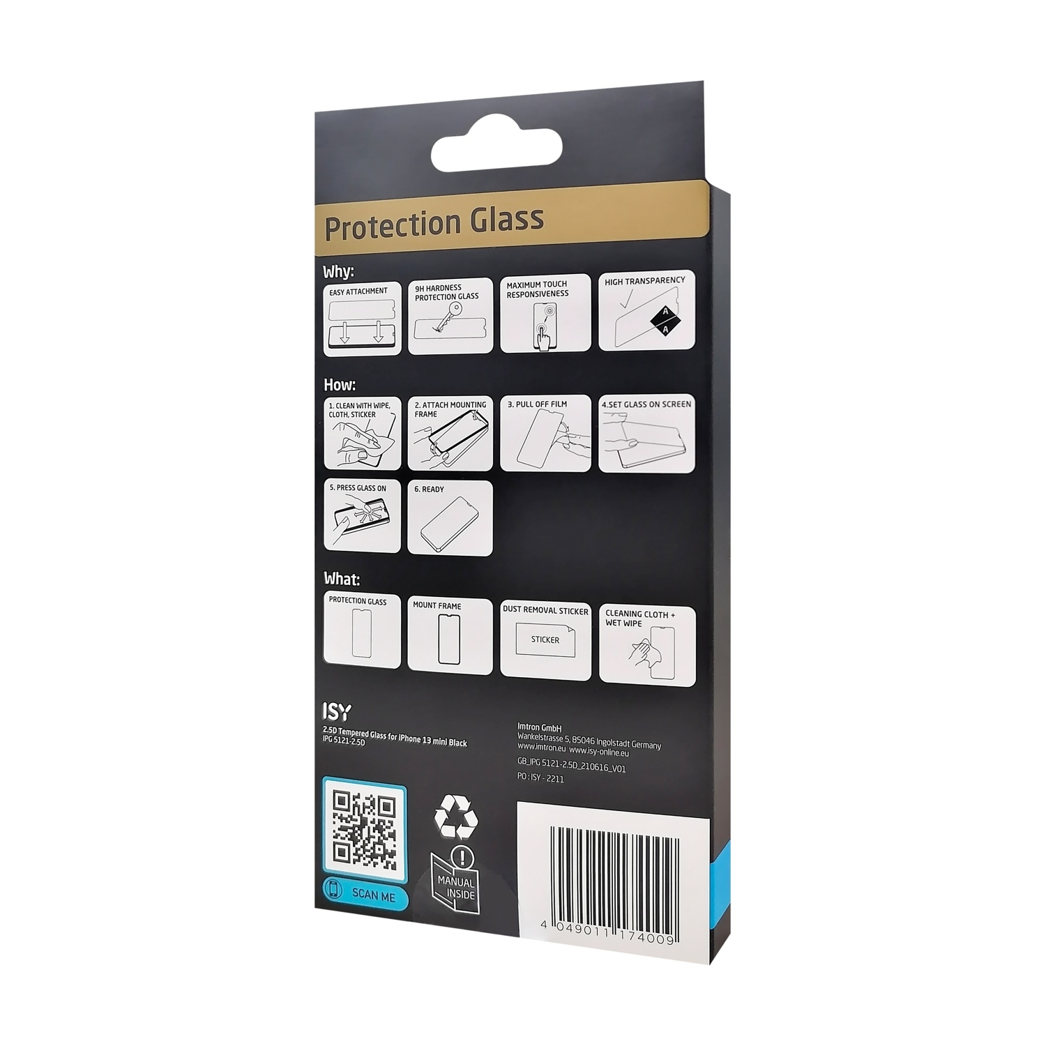 Una scatola di vetro temperato ISY 2.5D per iPhone 13 mini. Istruzioni e dettagli del prodotto sono stampati.