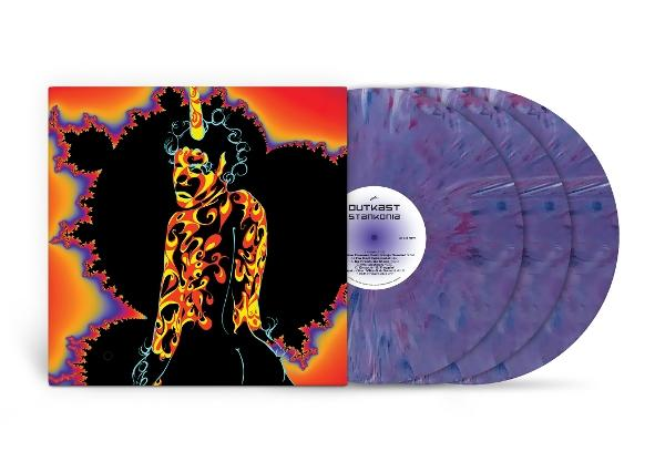 Albumcover mit einer Figur in Flammen. Lila Vinyl-Schallplatten sind sichtbar. Titel ist Stankonia von Outkast.