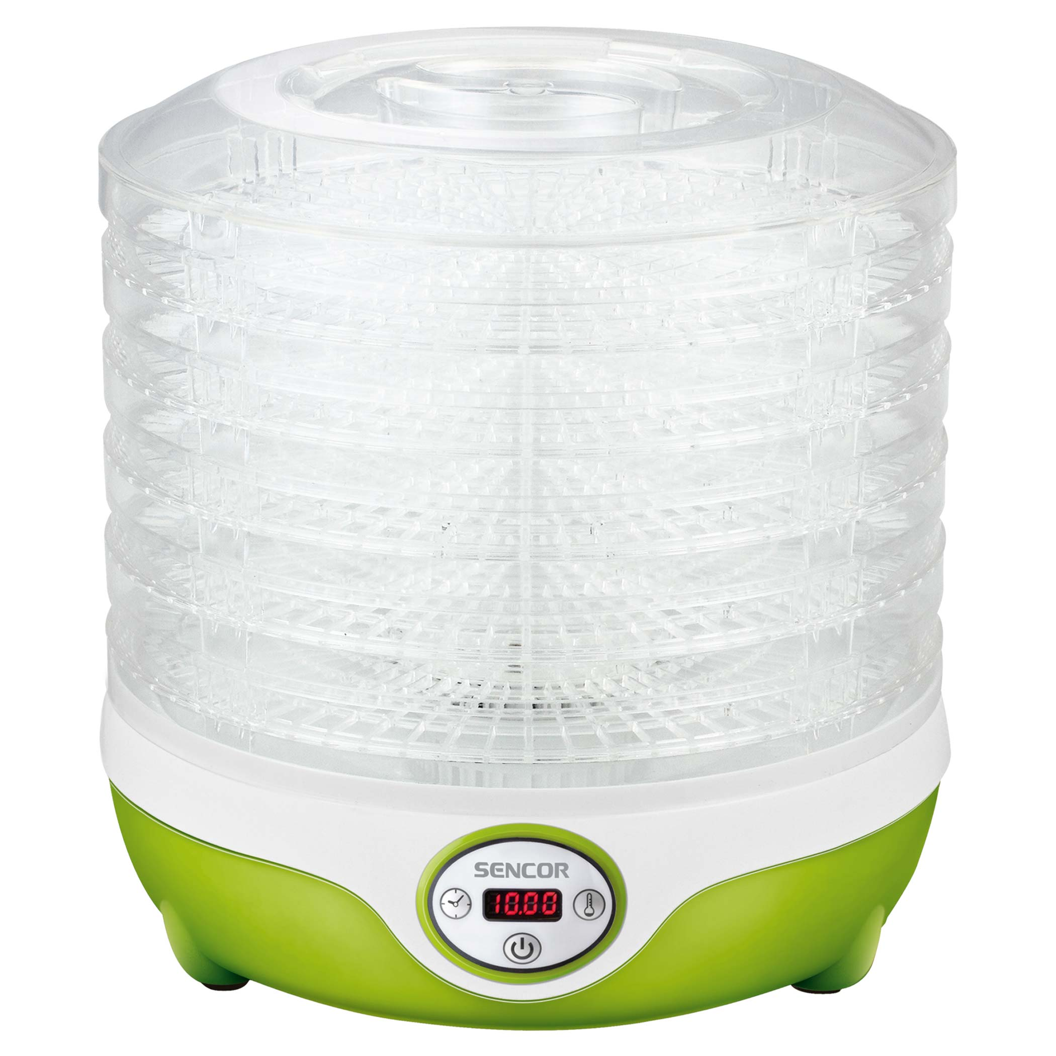 Suszarka do żywności z przezroczystymi tacami, zieloną podstawą i wyświetlaczem cyfrowym. Pokrywa na górze.
