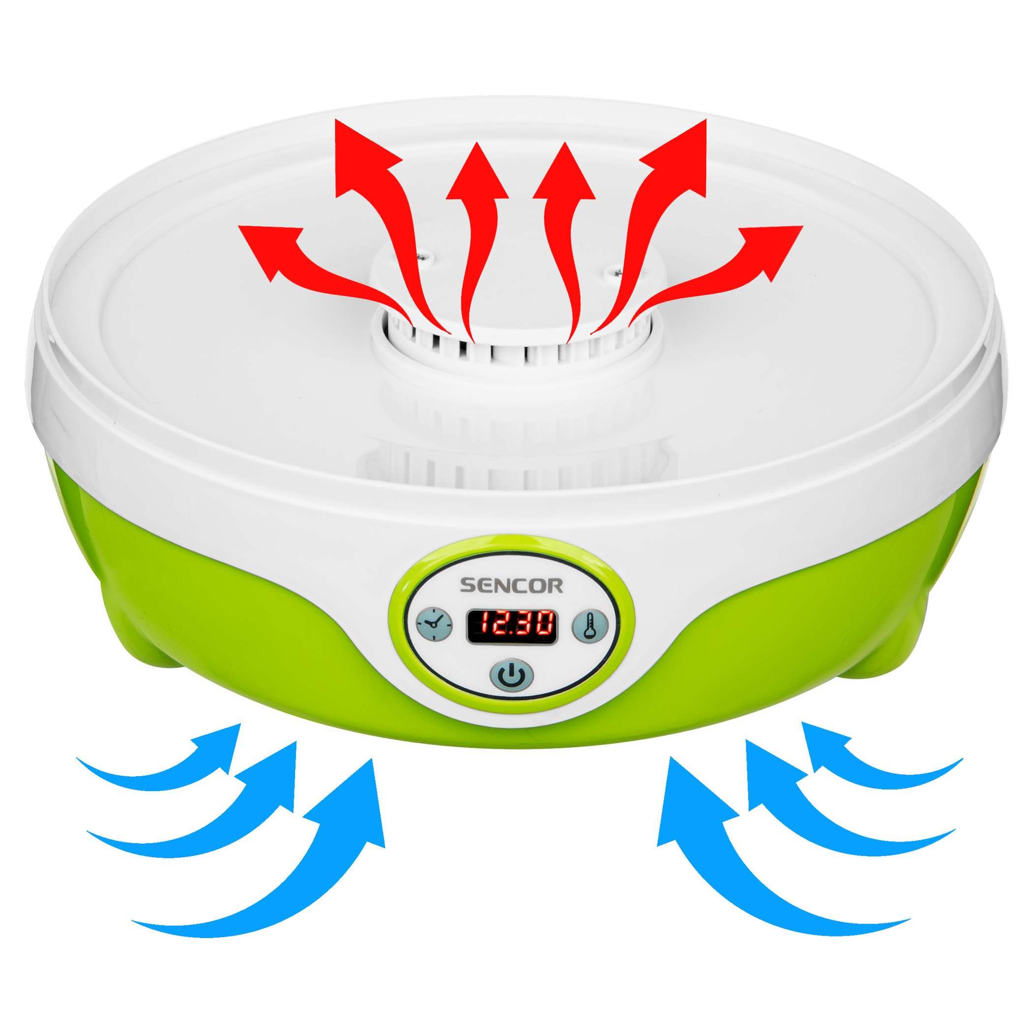 Biała i zielona suszarka do żywności z czerwonymi strzałkami wskazującymi przepływ powietrza. Wyświetlacz cyfrowy pokazuje 12:30. Niebieskie strzałki pokazują wlot powietrza.