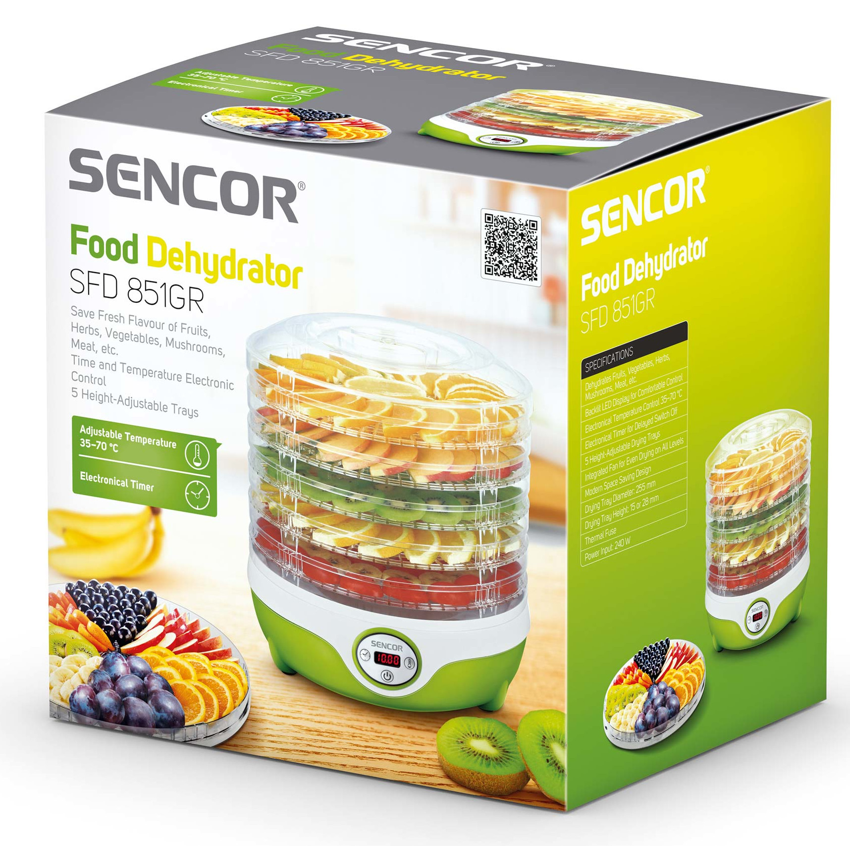 Pudełko dehydratora żywności Sencor. Ma obraz dehydratora z plasterkami owoców. Pudełko pokazuje również specyfikacje.