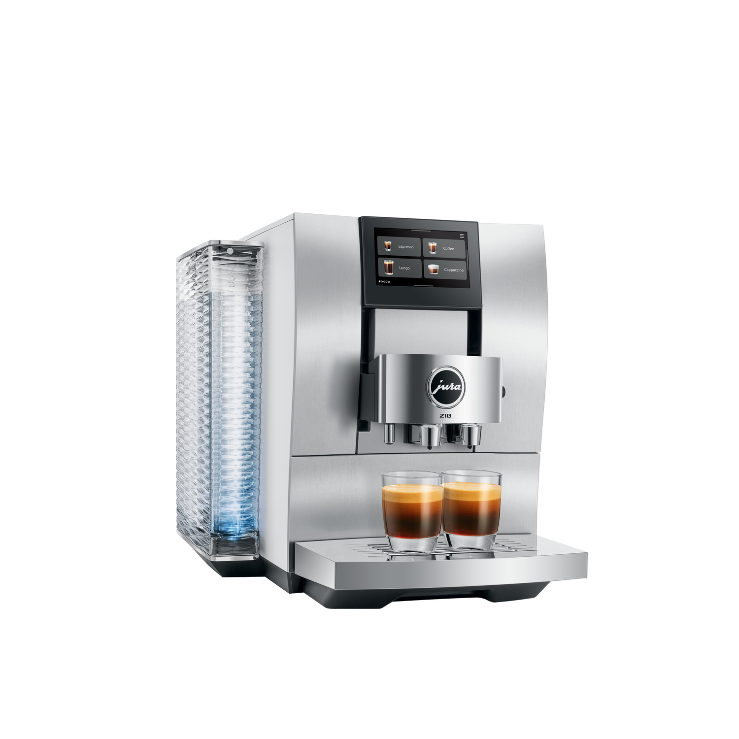 A silver Jura Z10 coffee machine with two espresso shots in glasses. It has a water tank on the left and a touchscreen.