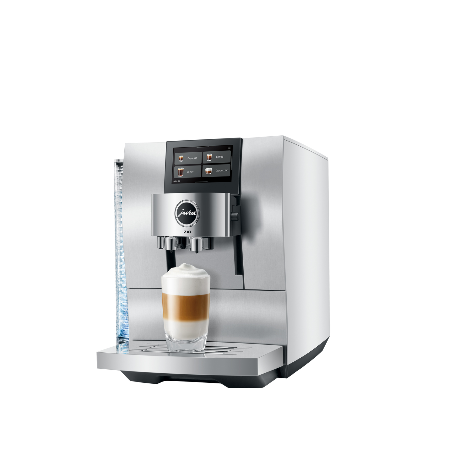 A silver Jura Z10 coffee machine with a latte in a glass. The machine has a touch screen and a water tank.